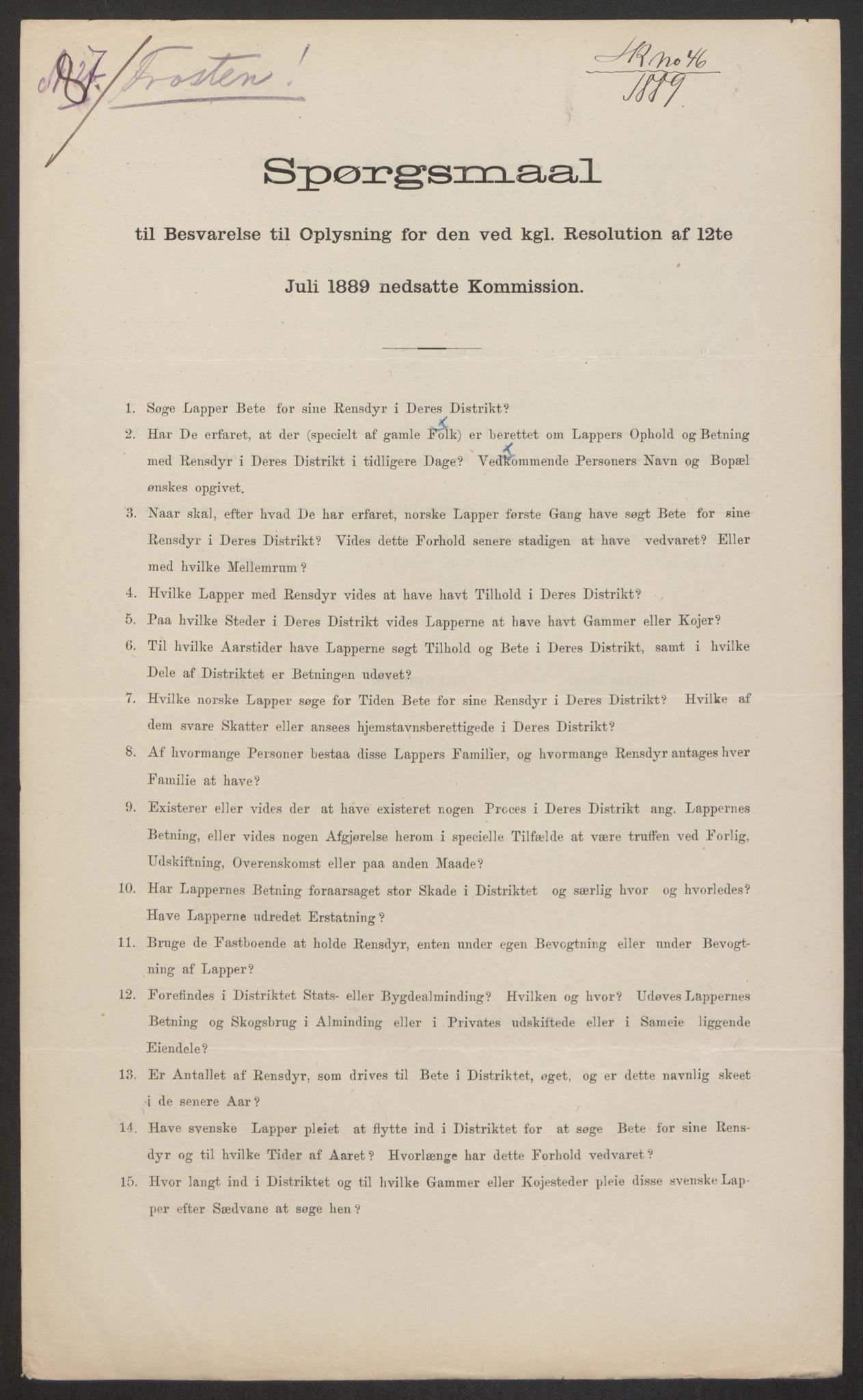 Landbruksdepartementet, Kontorer for reindrift og ferskvannsfiske, AV/RA-S-1247/2/E/Eb/L0014: Lappekommisjonen, 1885-1890, p. 883