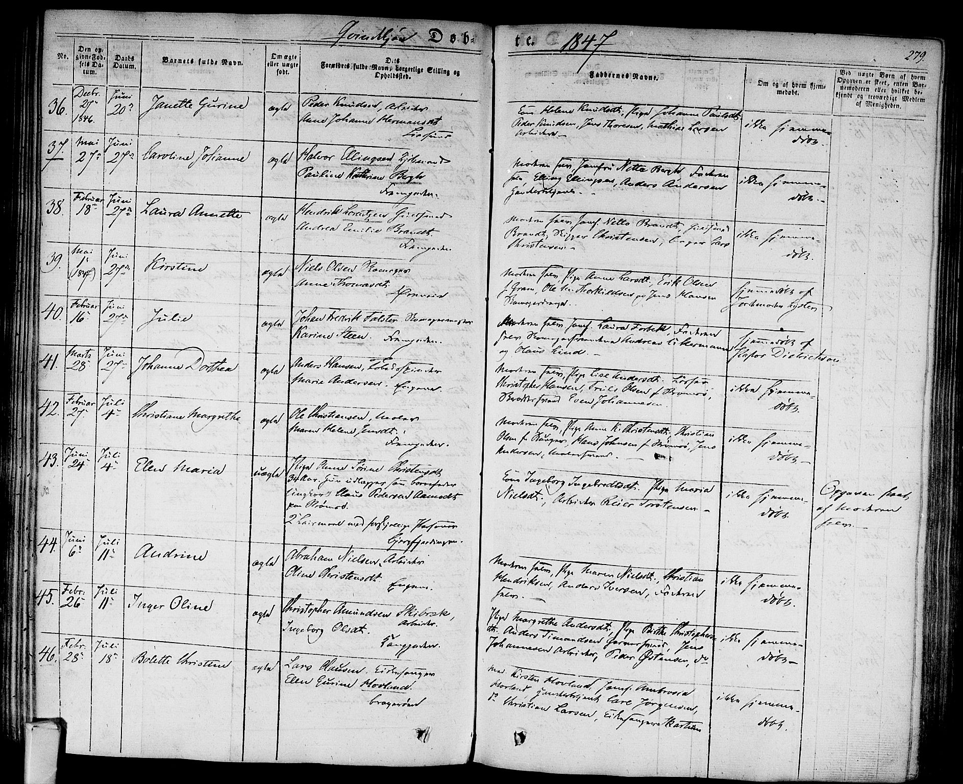 Bragernes kirkebøker, SAKO/A-6/F/Fb/L0001: Parish register (official) no. II 1, 1830-1847, p. 279
