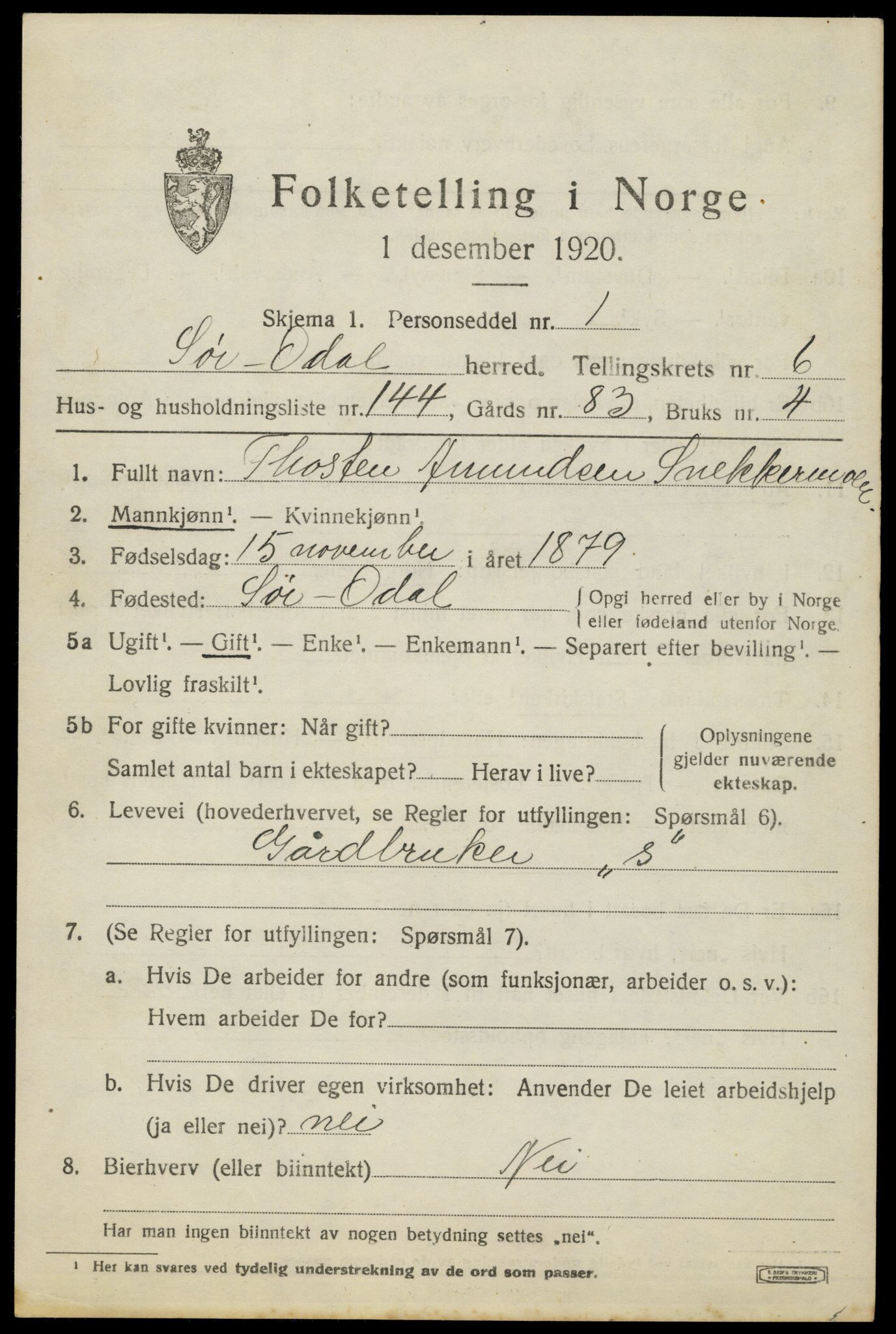 SAH, 1920 census for Sør-Odal, 1920, p. 8637