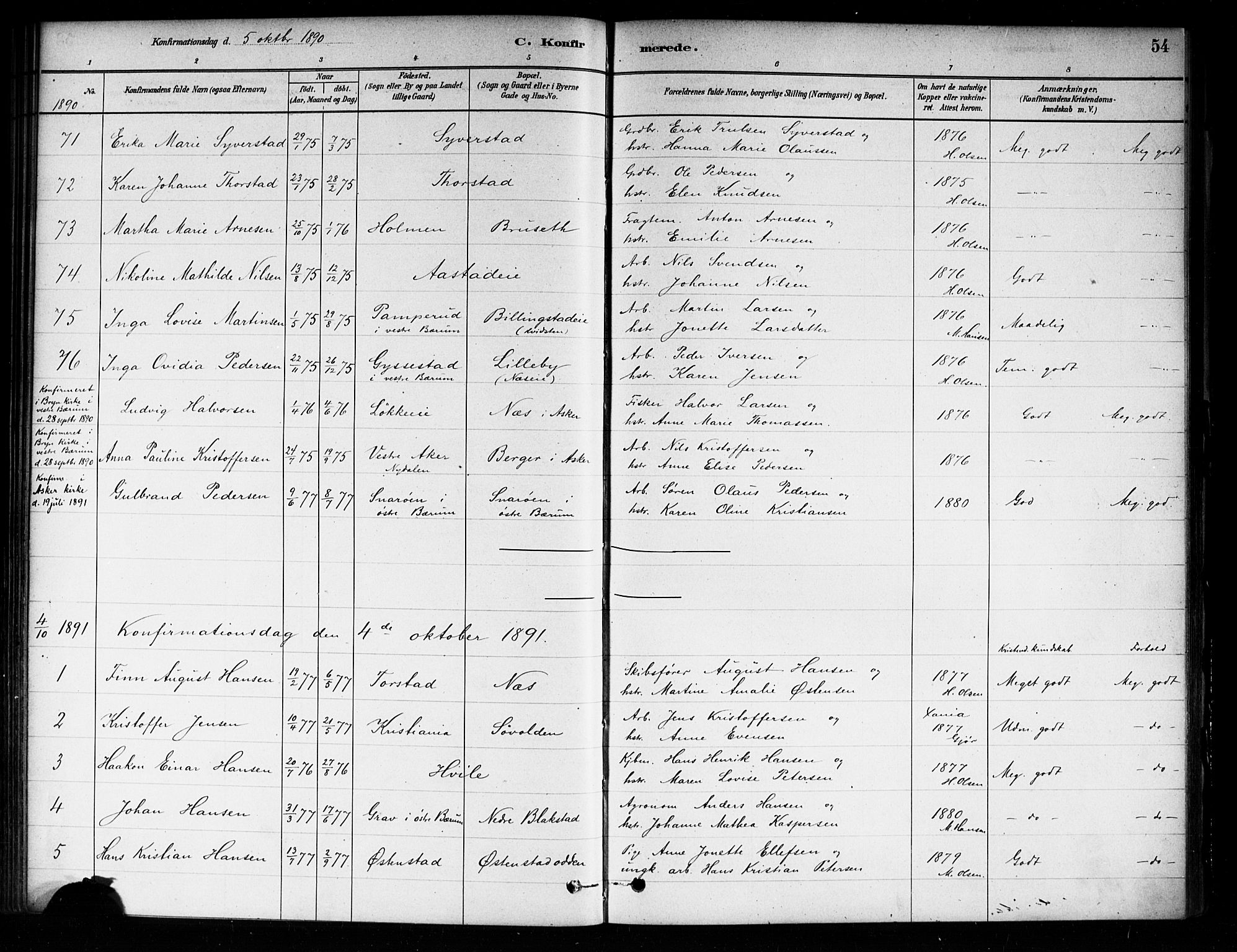 Asker prestekontor Kirkebøker, AV/SAO-A-10256a/F/Fa/L0014: Parish register (official) no. I 14, 1879-1900, p. 54