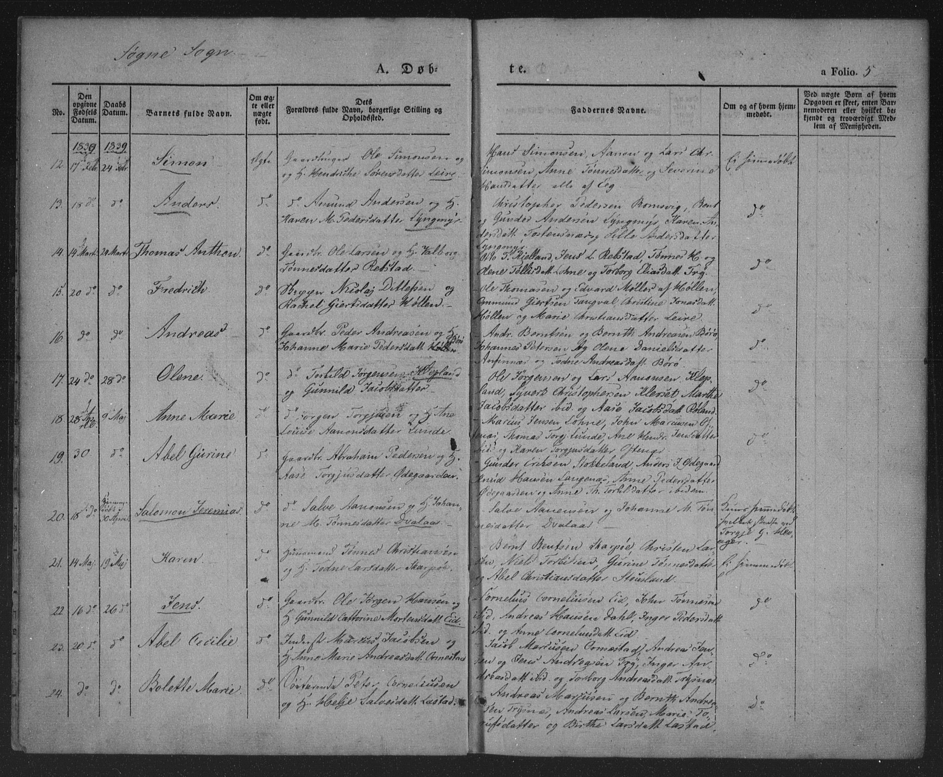 Søgne sokneprestkontor, SAK/1111-0037/F/Fa/Fab/L0009: Parish register (official) no. A 9, 1838-1853, p. 5