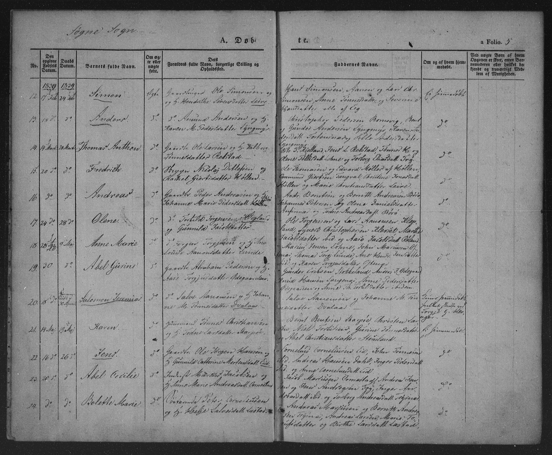 Søgne sokneprestkontor, AV/SAK-1111-0037/F/Fa/Fab/L0009: Parish register (official) no. A 9, 1838-1853, p. 5