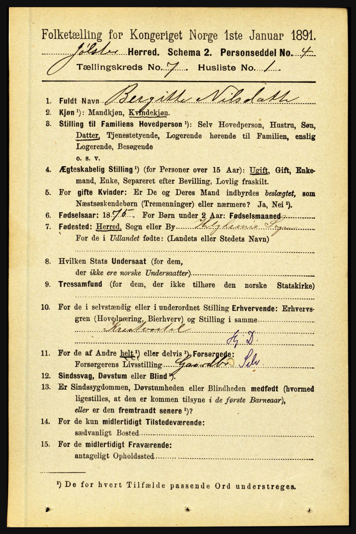 RA, 1891 census for 1431 Jølster, 1891, p. 2458