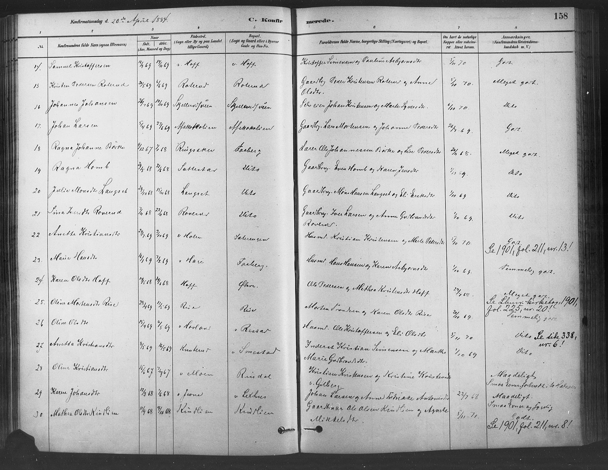 Fåberg prestekontor, AV/SAH-PREST-086/H/Ha/Haa/L0009: Parish register (official) no. 9, 1879-1898, p. 158