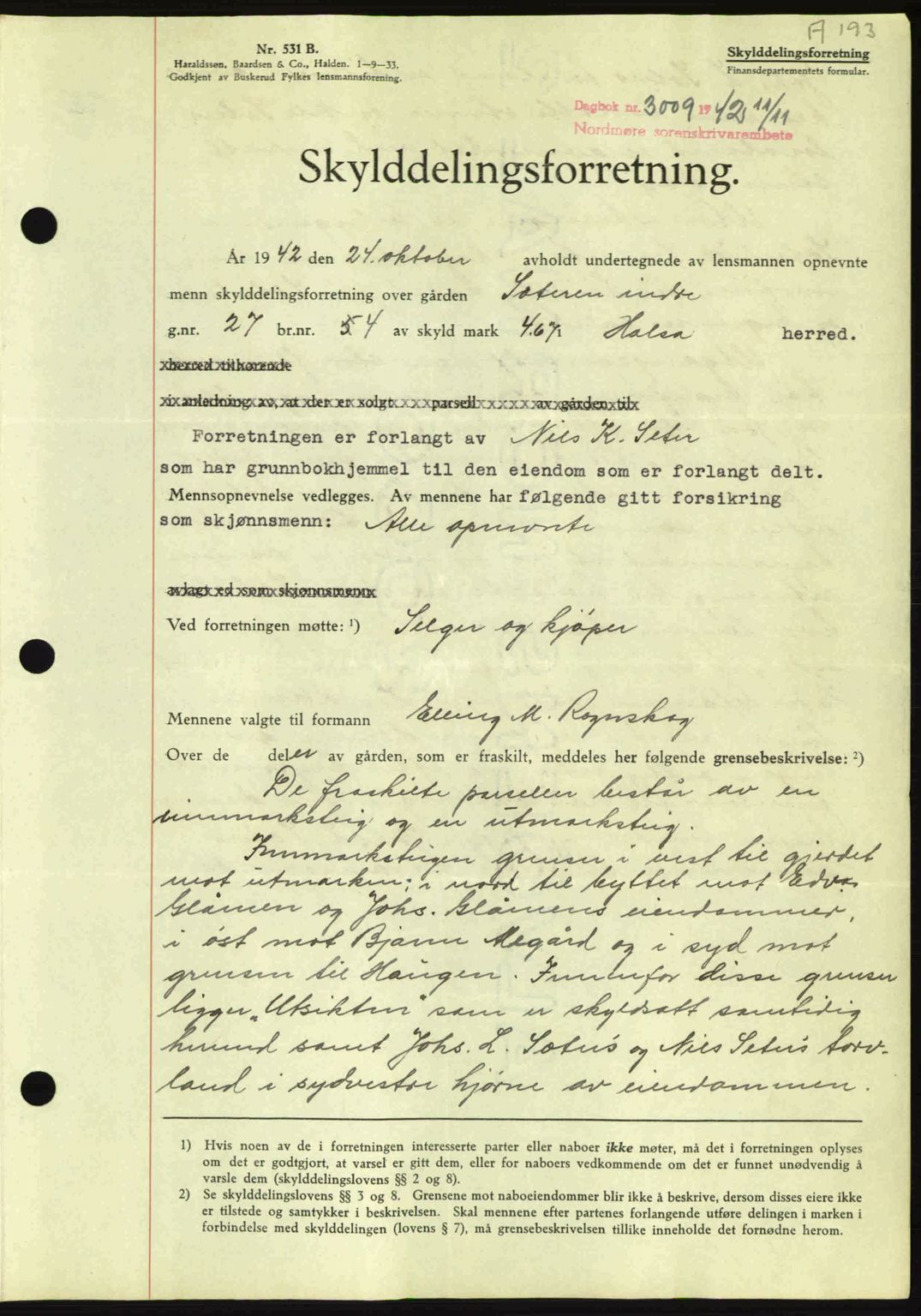 Nordmøre sorenskriveri, AV/SAT-A-4132/1/2/2Ca: Mortgage book no. A94, 1942-1943, Diary no: : 3009/1942