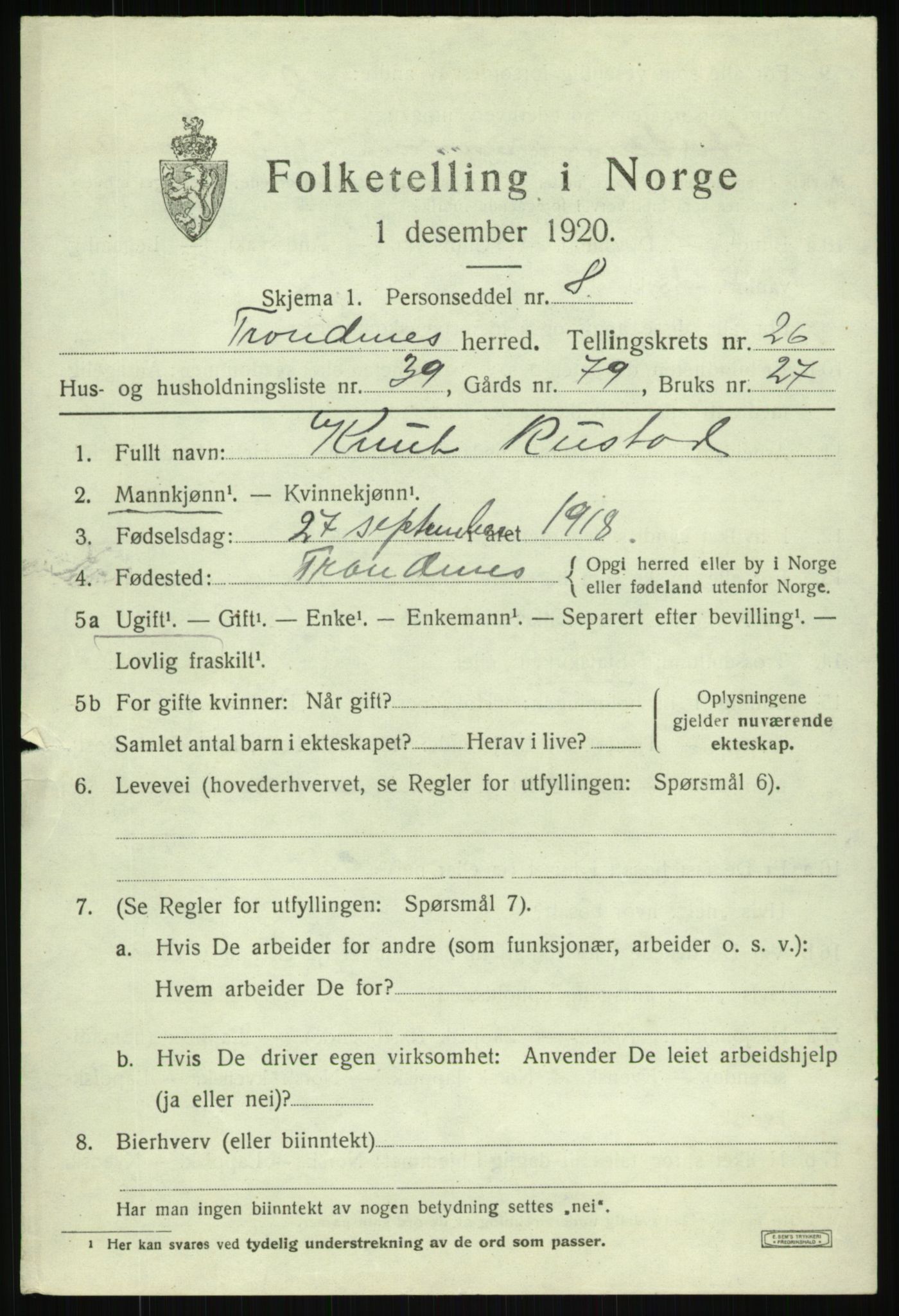 SATØ, 1920 census for Trondenes, 1920, p. 19296