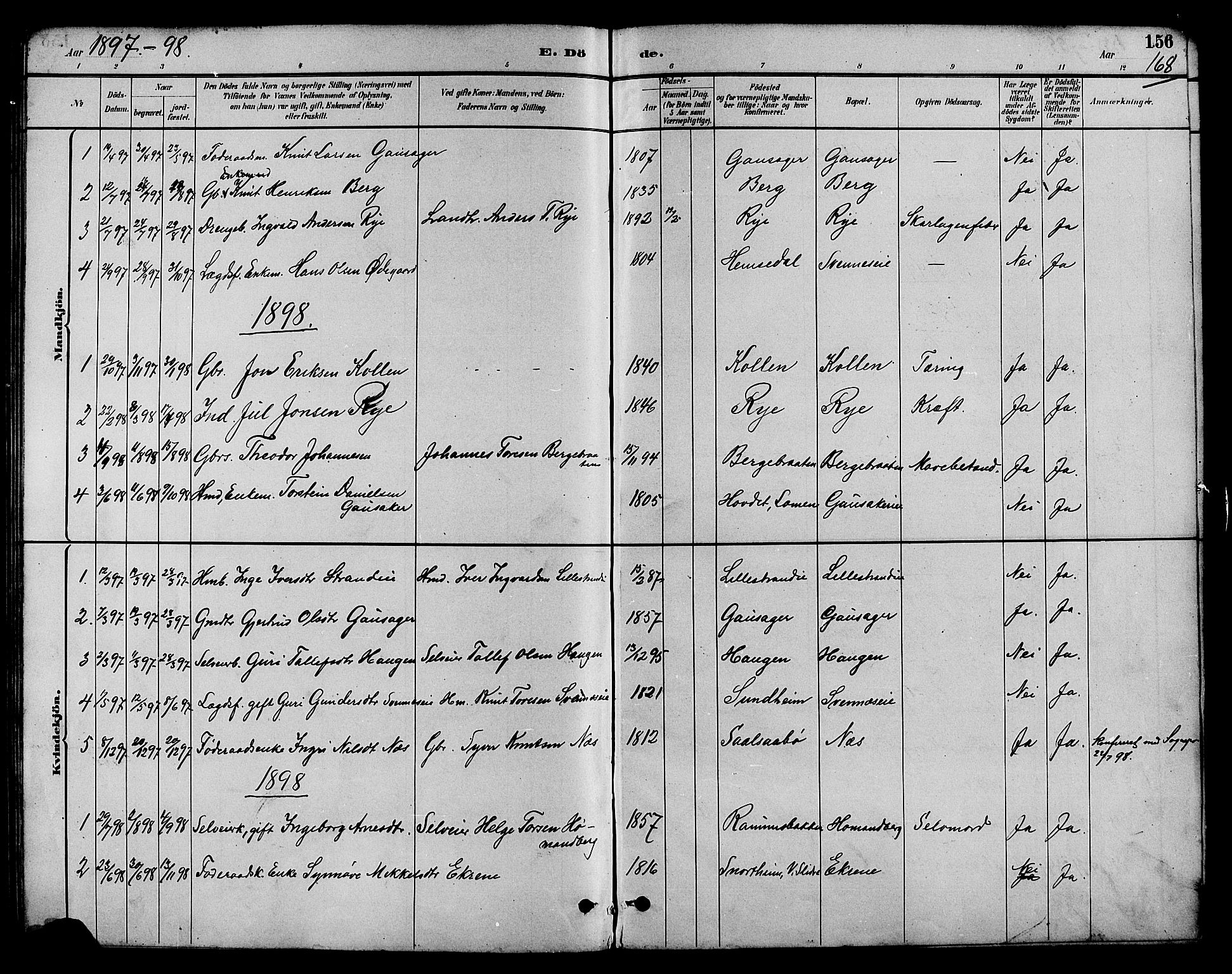 Nord-Aurdal prestekontor, SAH/PREST-132/H/Ha/Hab/L0007: Parish register (copy) no. 7, 1883-1910, p. 168