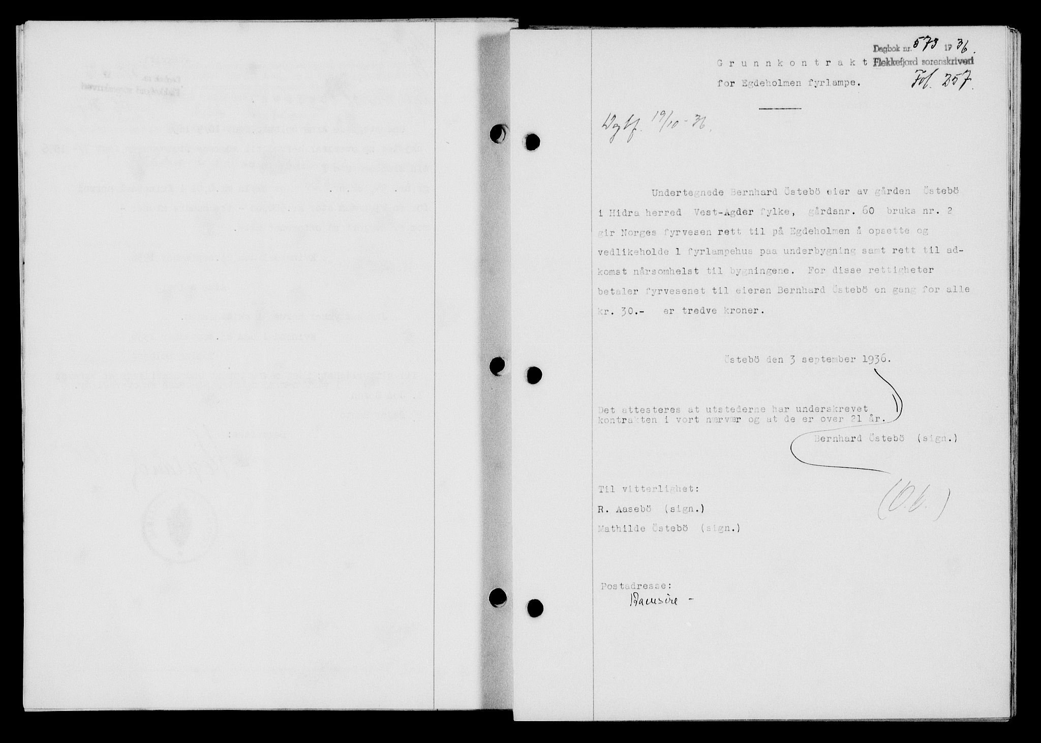 Flekkefjord sorenskriveri, SAK/1221-0001/G/Gb/Gba/L0053: Mortgage book no. A-1, 1936-1937, Diary no: : 573/1936