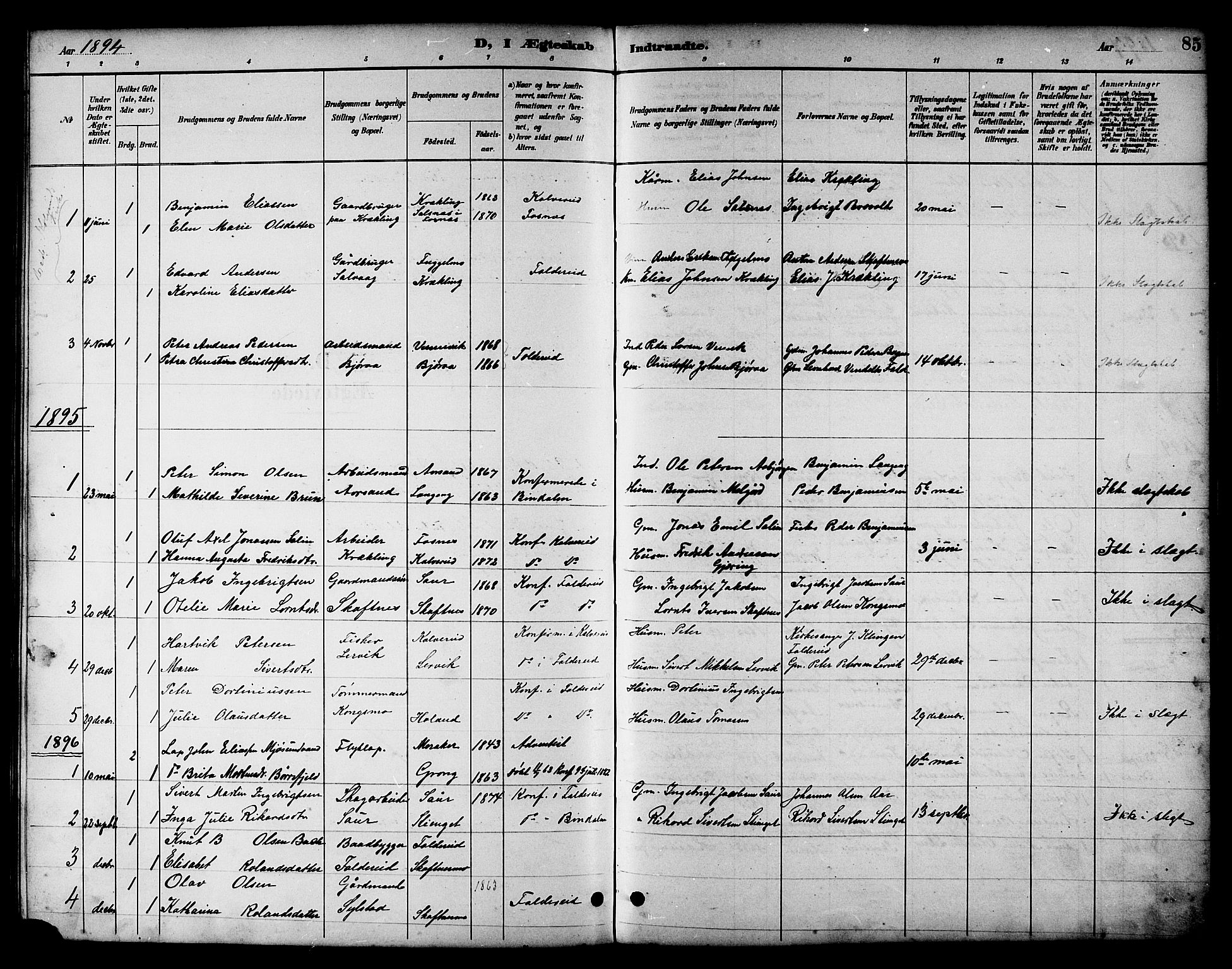 Ministerialprotokoller, klokkerbøker og fødselsregistre - Nord-Trøndelag, SAT/A-1458/783/L0662: Parish register (copy) no. 783C02, 1894-1919, p. 85