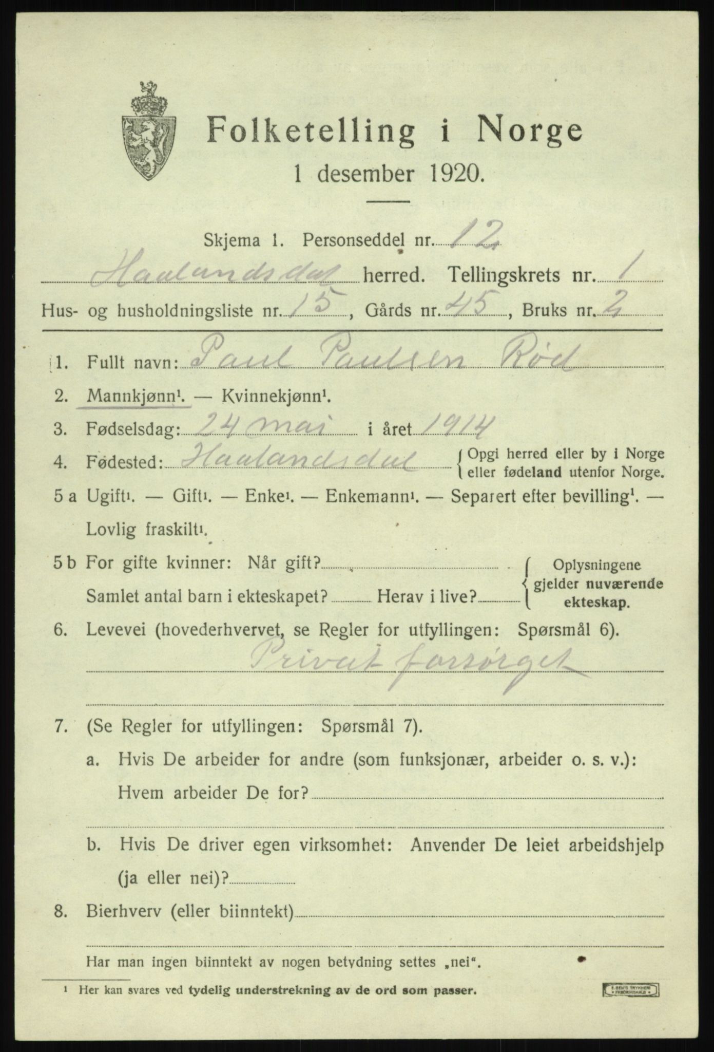 SAB, 1920 census for Hålandsdal, 1920, p. 460