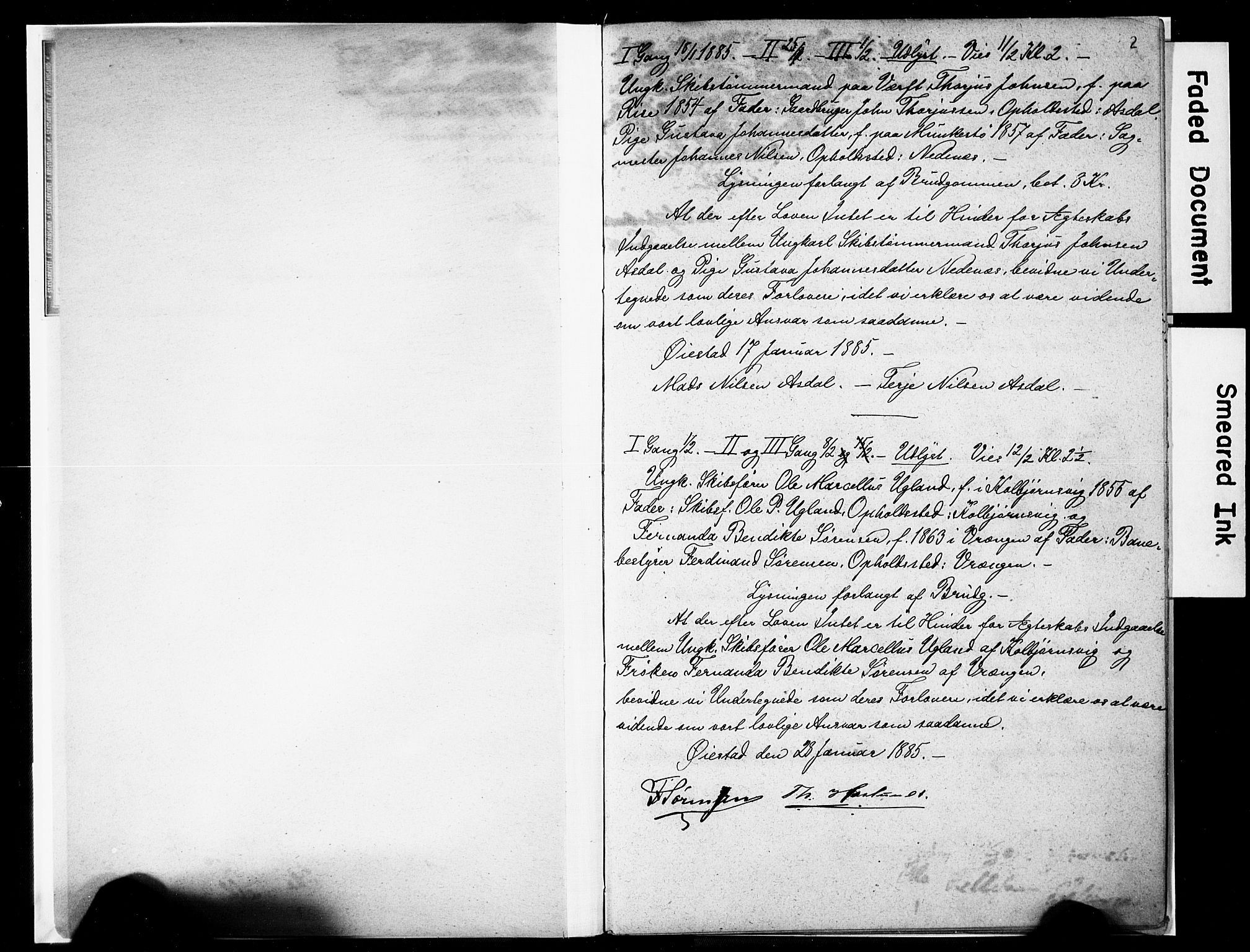 Øyestad sokneprestkontor, SAK/1111-0049/F/Fe/L0004: Best man's statements no. A VI 22, 1885-1886, p. 2