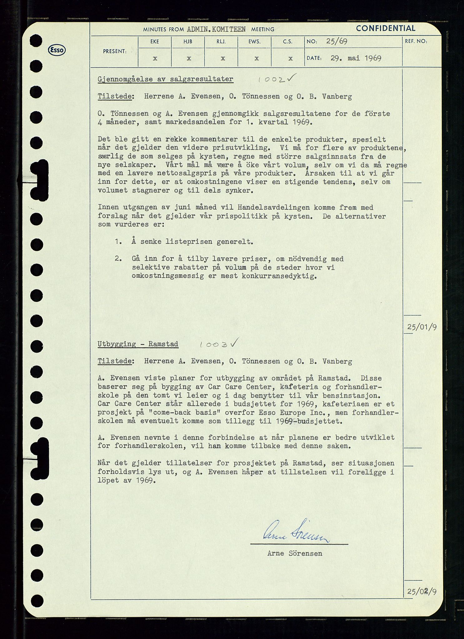 Pa 0982 - Esso Norge A/S, AV/SAST-A-100448/A/Aa/L0003/0001: Den administrerende direksjon Board minutes (styrereferater) og Bedriftforsamlingsprotokoll / Den administrerende direksjon Board minutes (styrereferater), 1969, p. 84