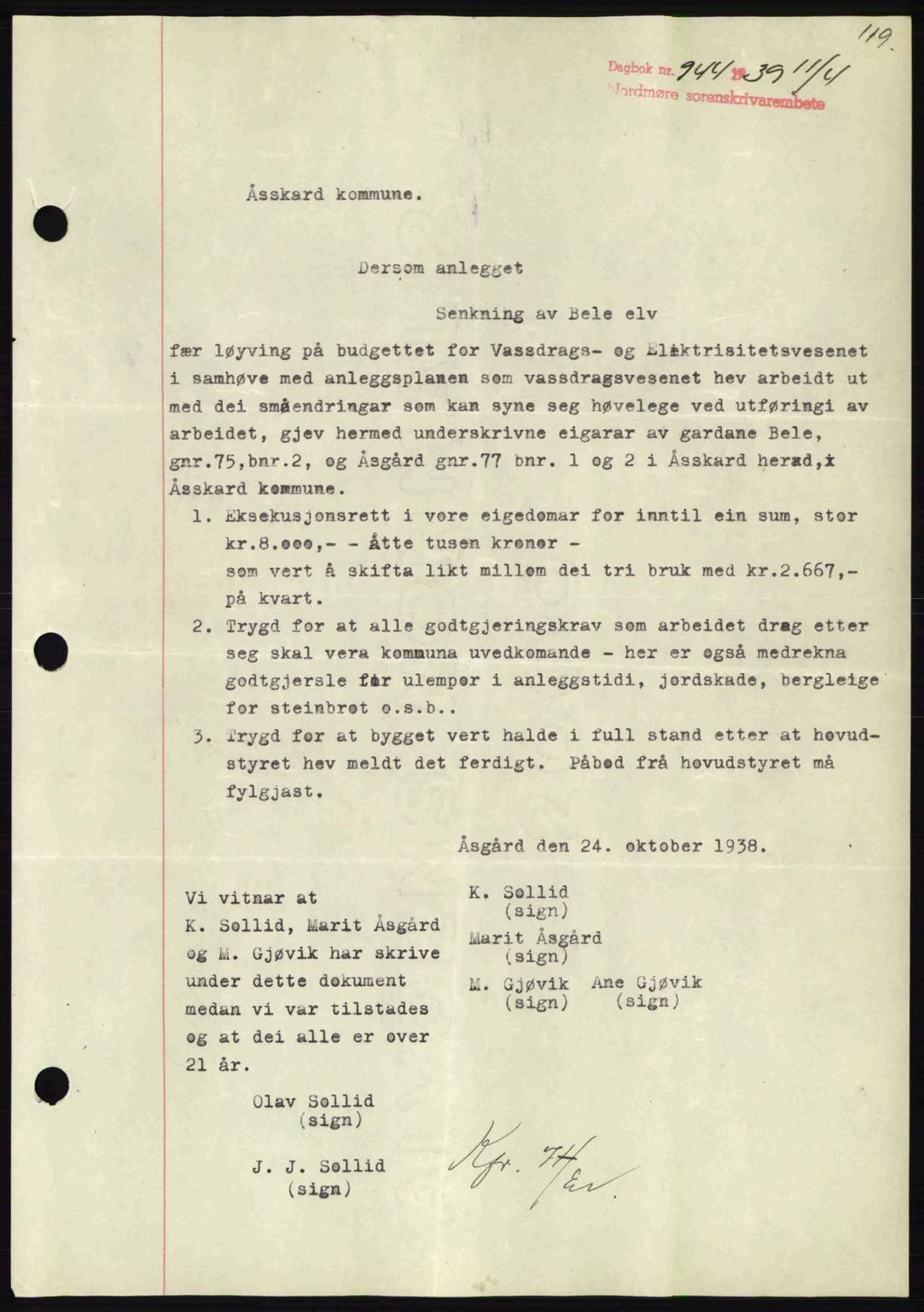 Nordmøre sorenskriveri, AV/SAT-A-4132/1/2/2Ca: Mortgage book no. B85, 1939-1939, Diary no: : 944/1939