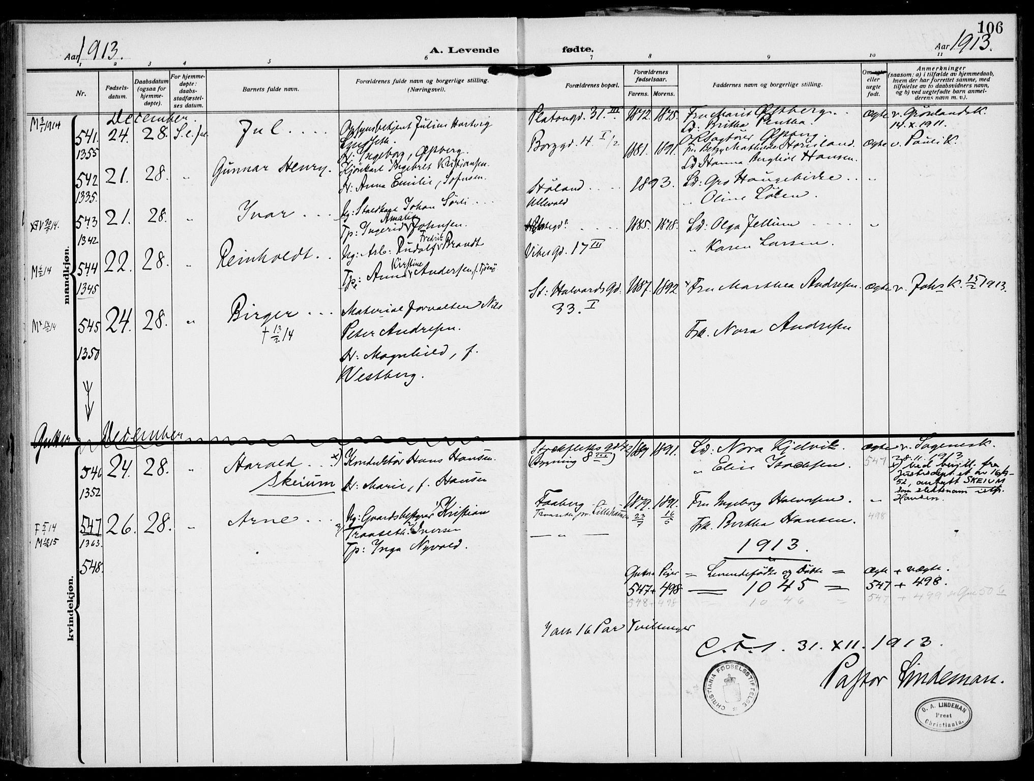 Rikshospitalet prestekontor Kirkebøker, AV/SAO-A-10309b/F/L0015: Parish register (official) no. 15, 1913-1915, p. 106