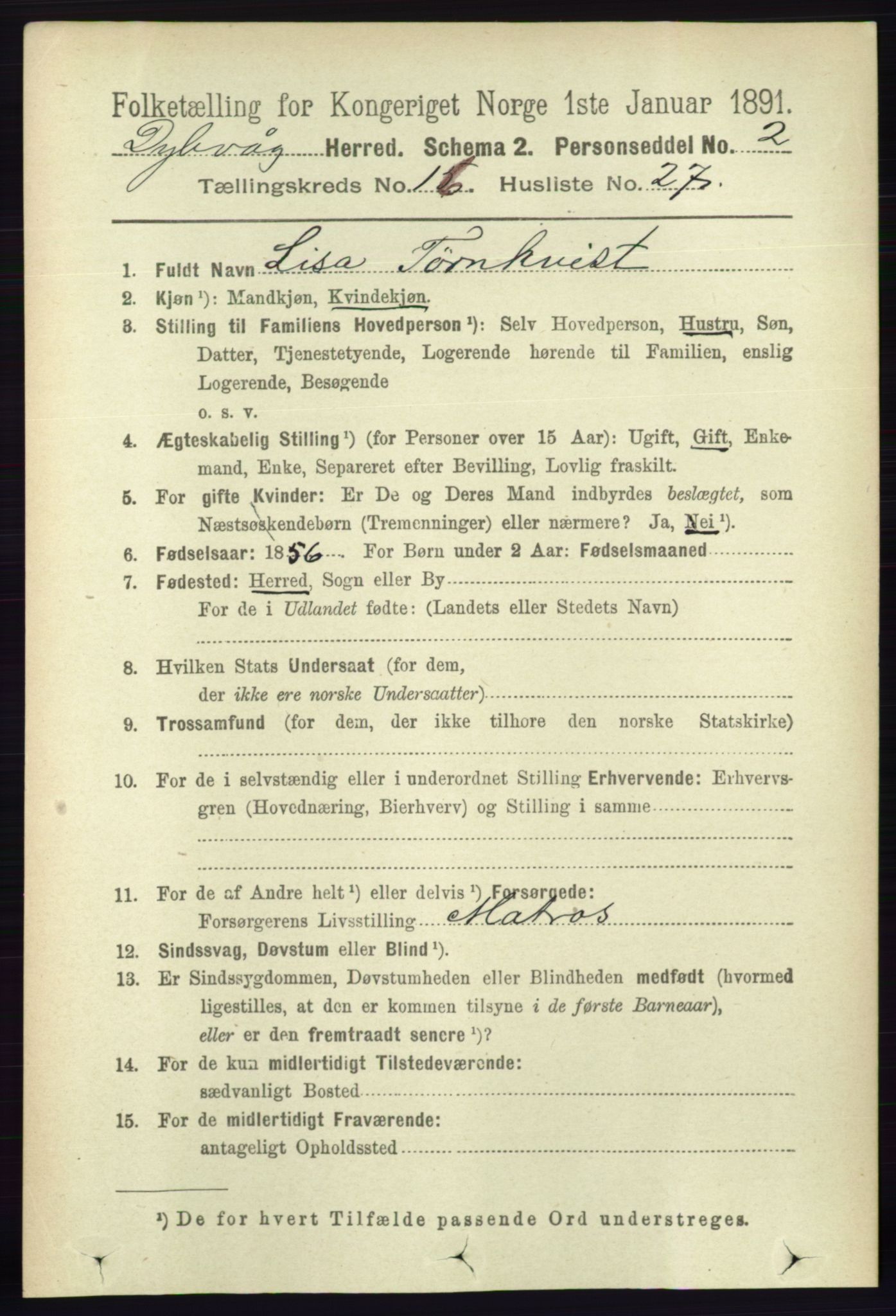 RA, 1891 census for 0915 Dypvåg, 1891, p. 6571