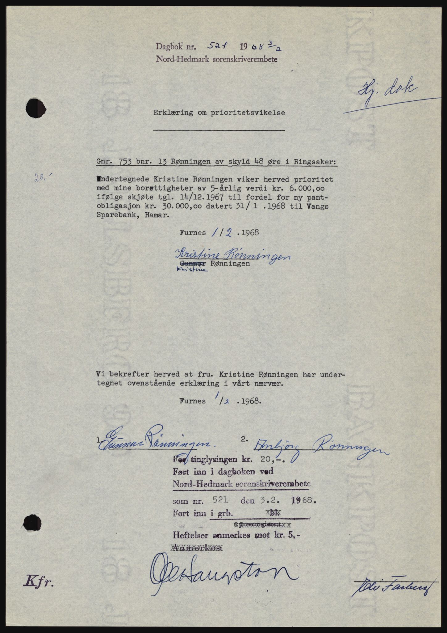 Nord-Hedmark sorenskriveri, SAH/TING-012/H/Hc/L0027: Mortgage book no. 27, 1967-1968, Diary no: : 521/1968