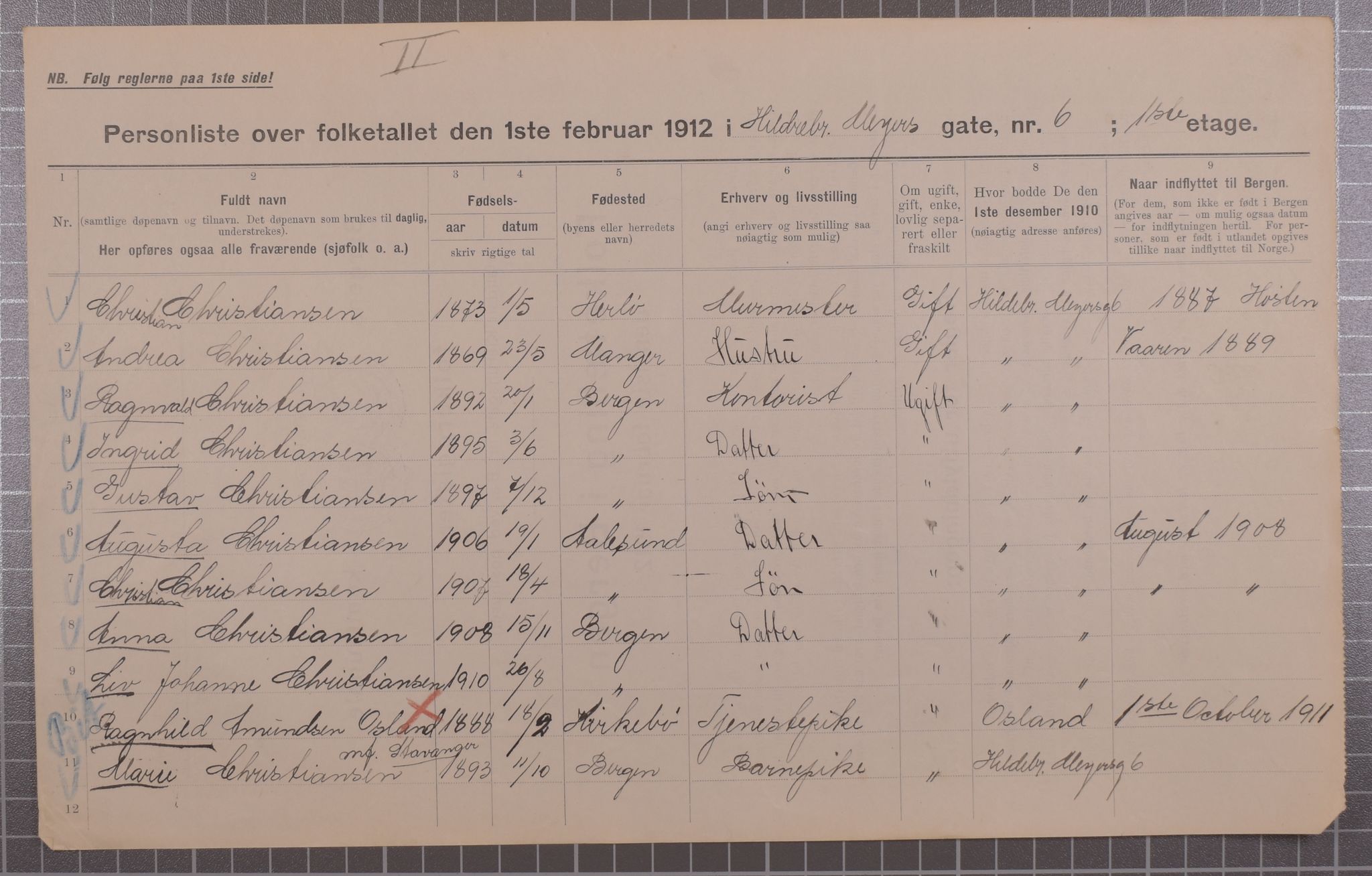 SAB, Municipal Census 1912 for Bergen, 1912, p. 3076