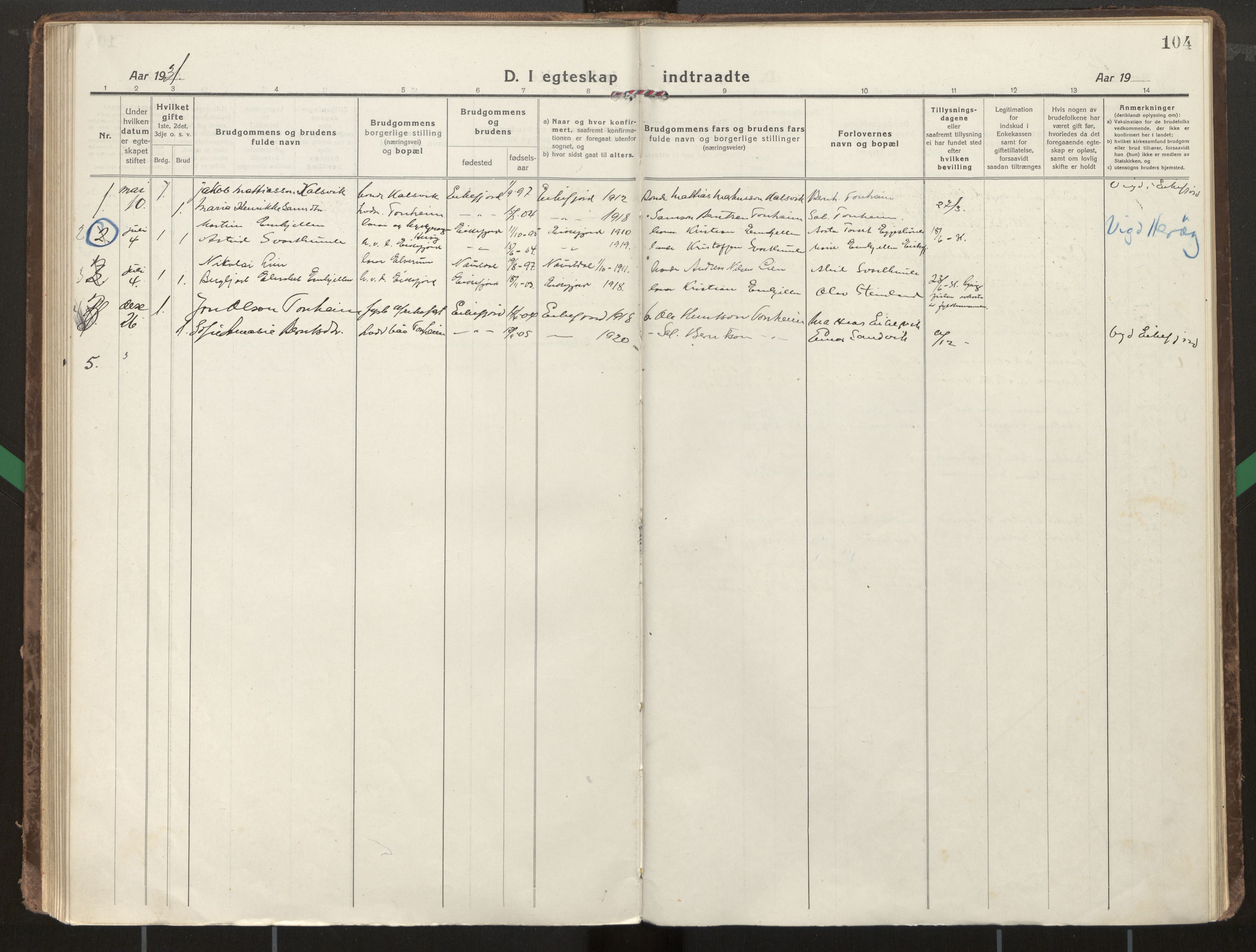 Kinn sokneprestembete, SAB/A-80801/H/Haa/Haae/L0002: Parish register (official) no. E 2, 1917-1937, p. 104
