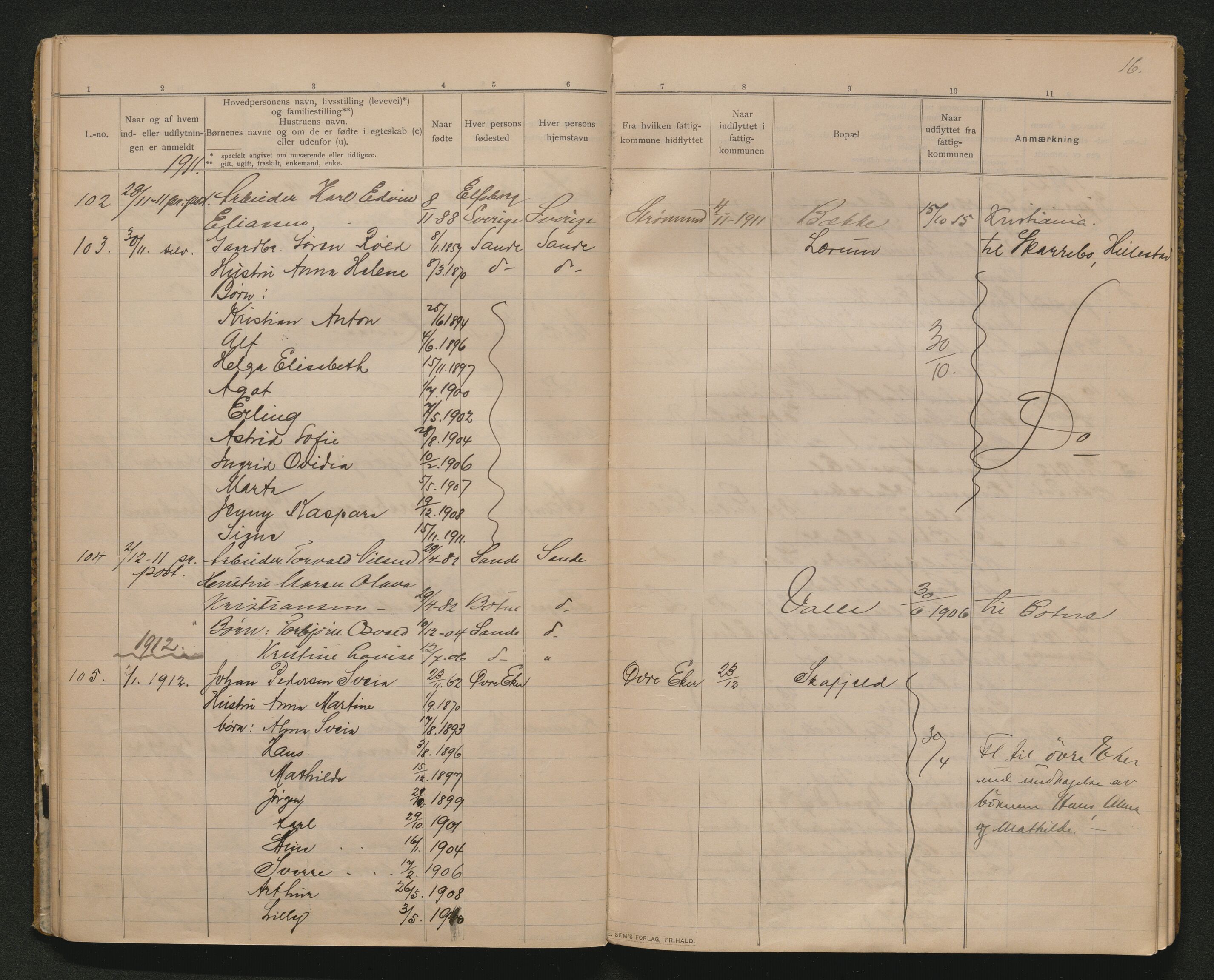 Sande lensmannskontor, AV/SAKO-A-546/O/Oc/L0002: Protokoll over inn- og utflyttede, 1909-1914, p. 15b-16a