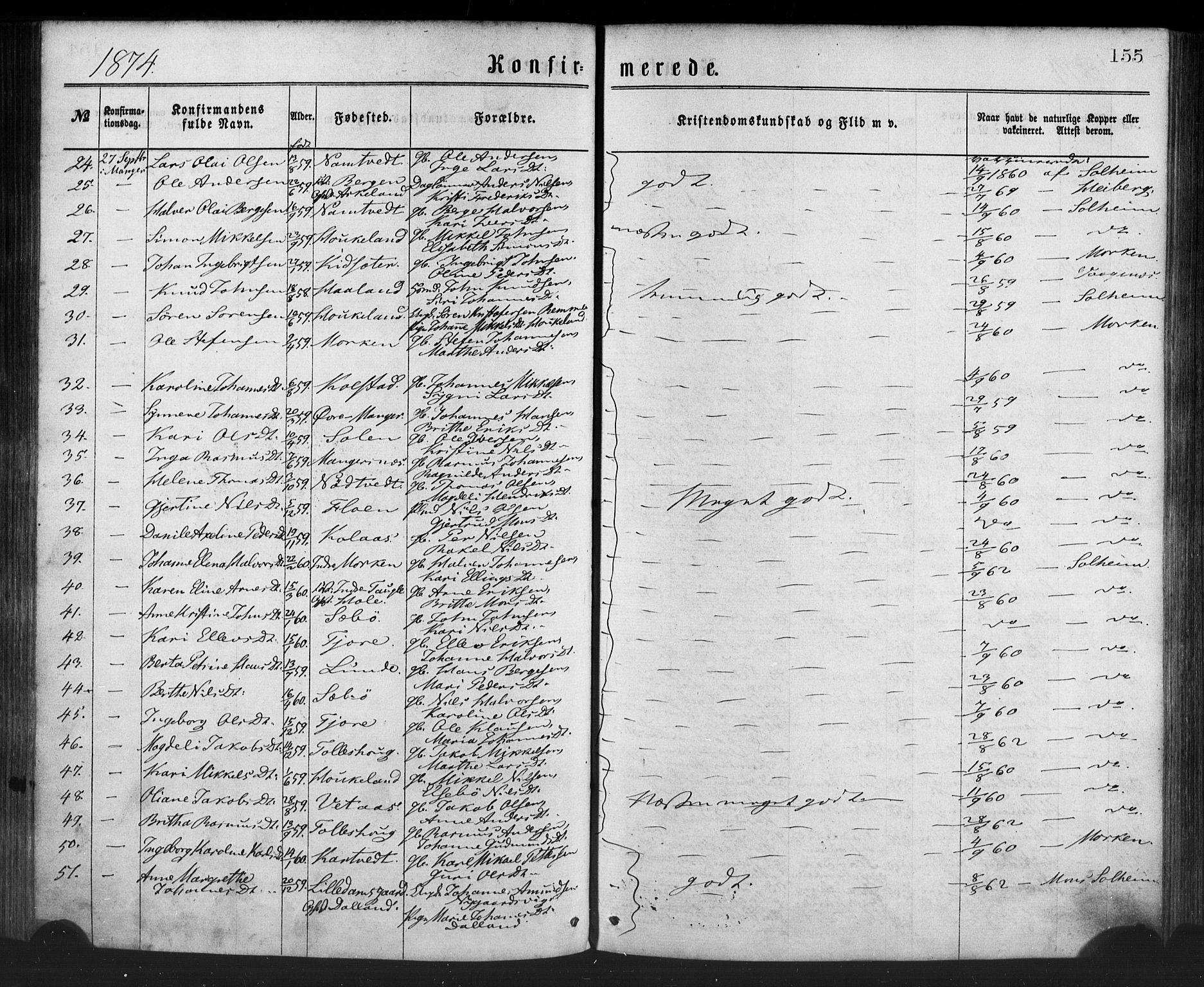 Manger sokneprestembete, SAB/A-76801/H/Haa: Parish register (official) no. A 8, 1871-1880, p. 155