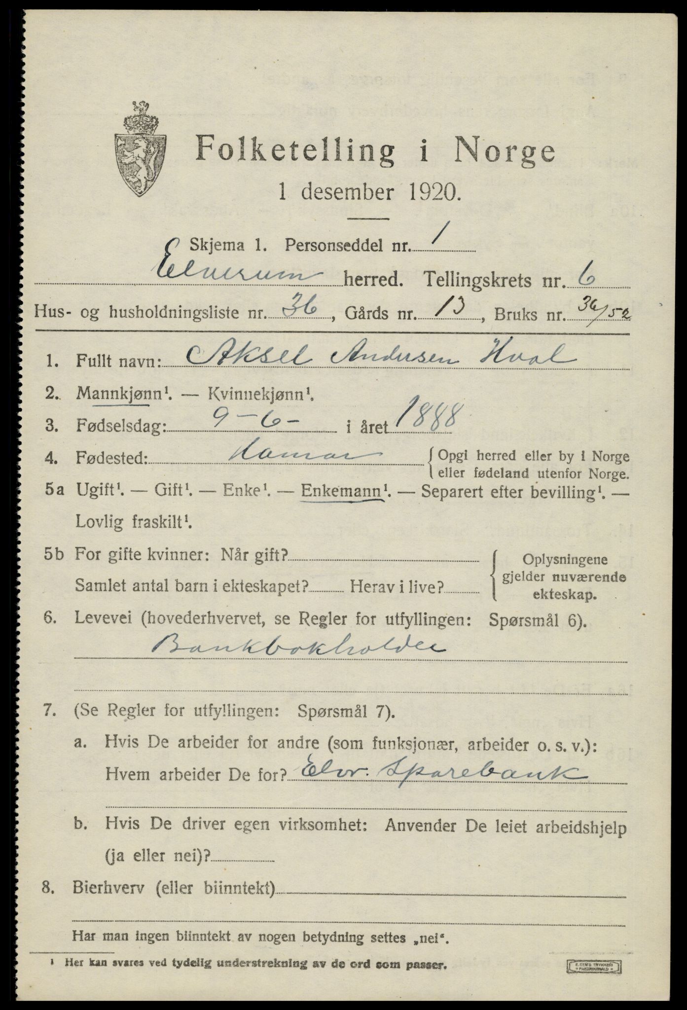 SAH, 1920 census for Elverum, 1920, p. 9712