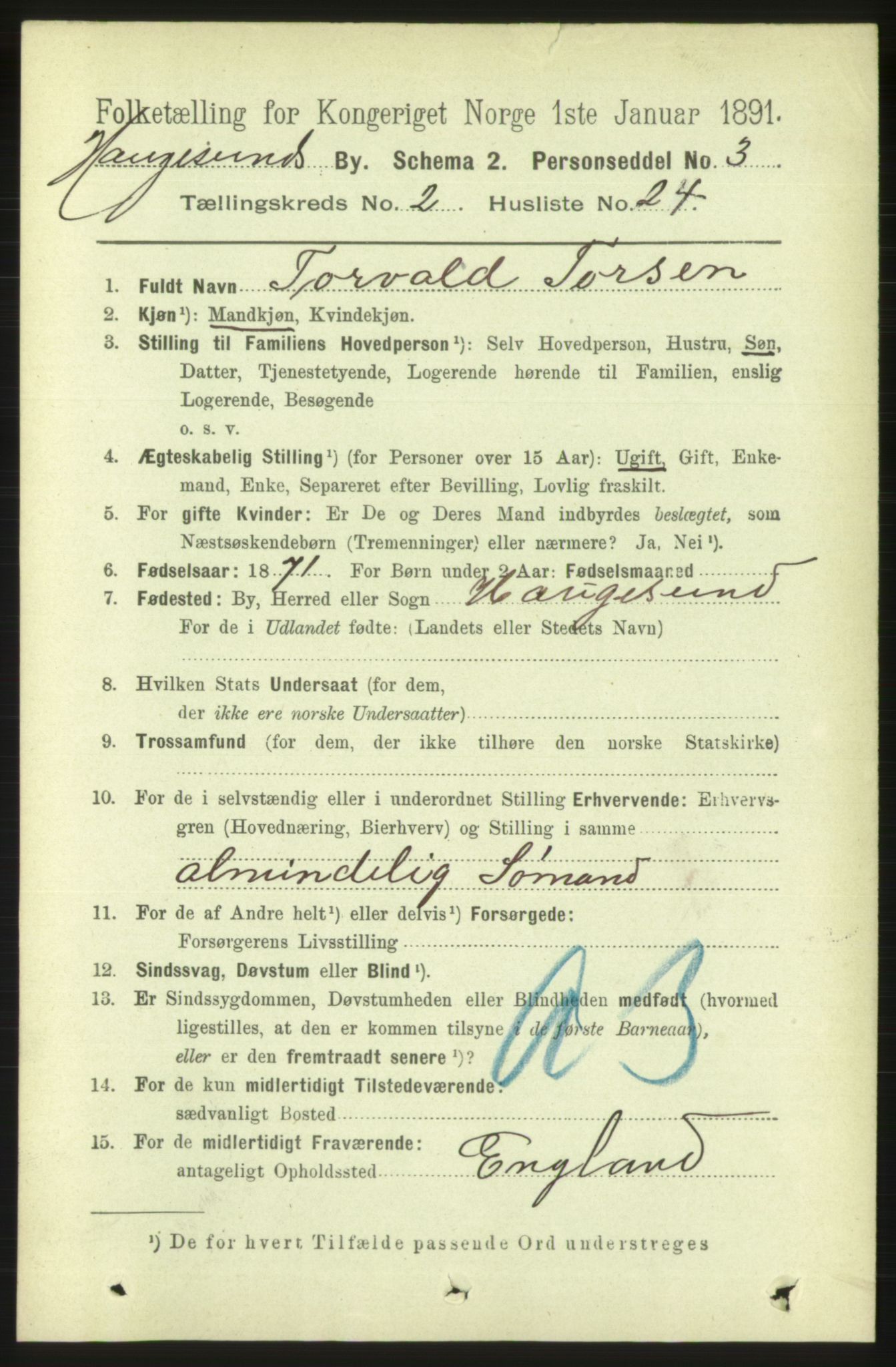 RA, 1891 census for 1106 Haugesund, 1891, p. 1050