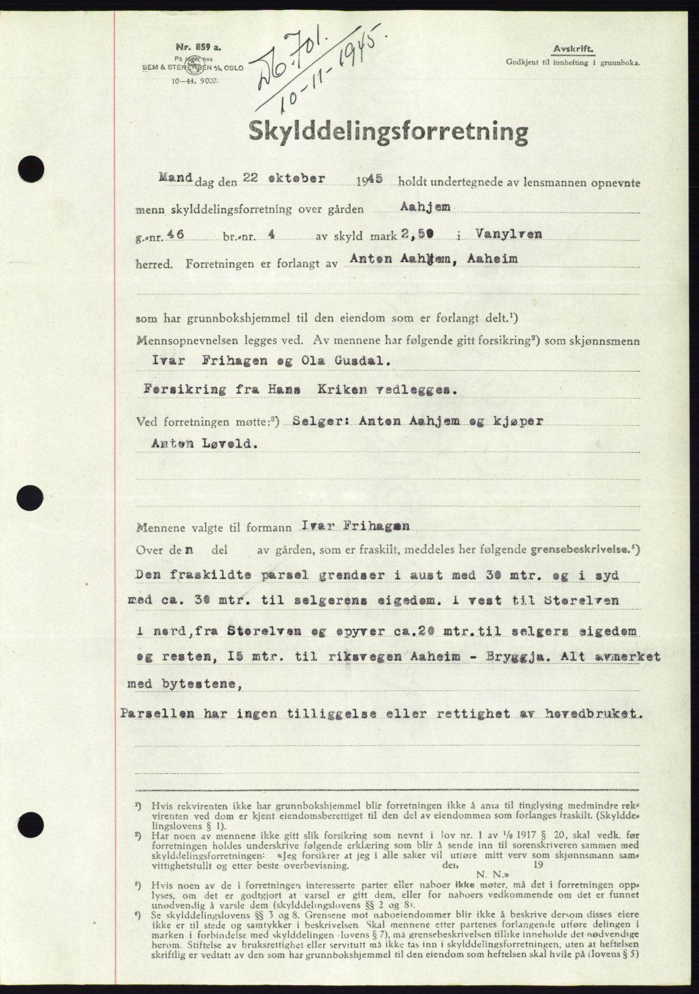 Søre Sunnmøre sorenskriveri, AV/SAT-A-4122/1/2/2C/L0077: Mortgage book no. 3A, 1945-1946, Diary no: : 701/1945