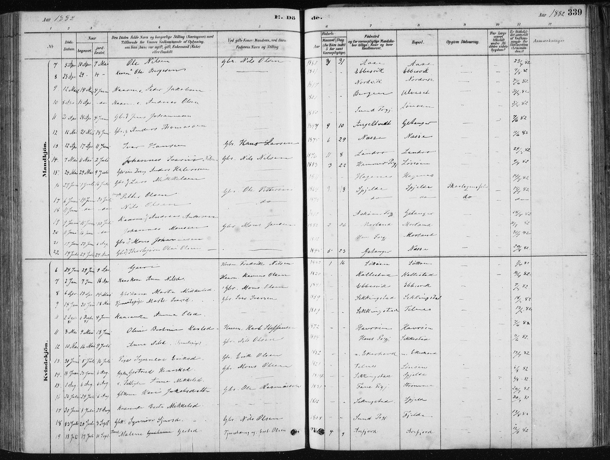 Fjell sokneprestembete, SAB/A-75301/H/Haa: Parish register (official) no. A  8, 1878-1898, p. 339