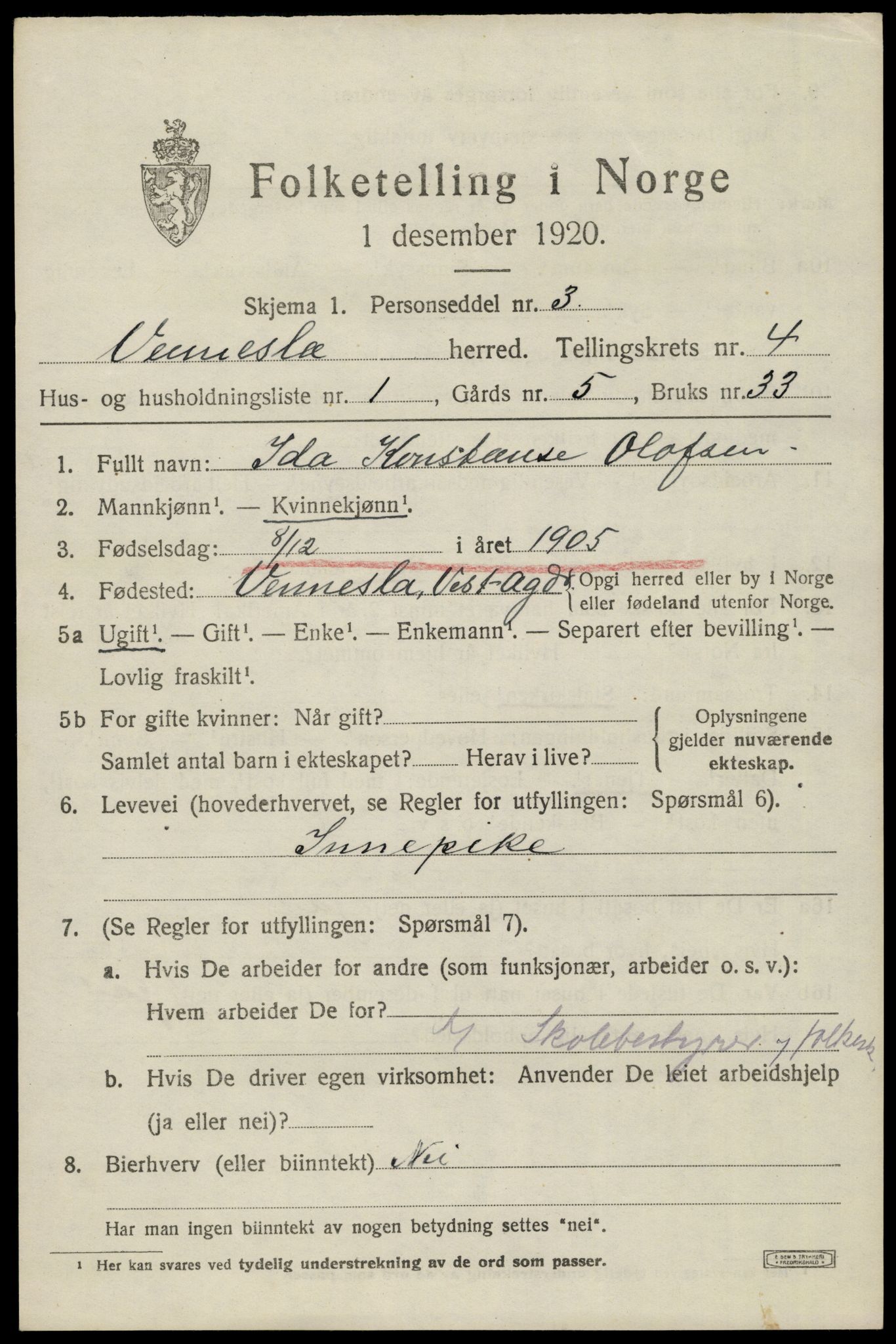 SAK, 1920 census for Vennesla, 1920, p. 2660