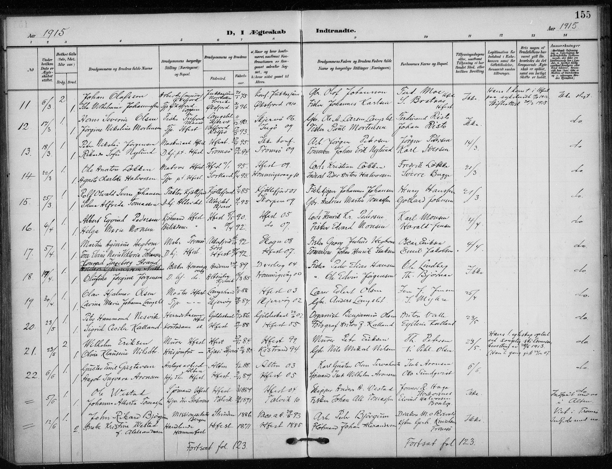 Hammerfest sokneprestkontor, SATØ/S-1347/H/Ha/L0014.kirke: Parish register (official) no. 14, 1906-1916, p. 155