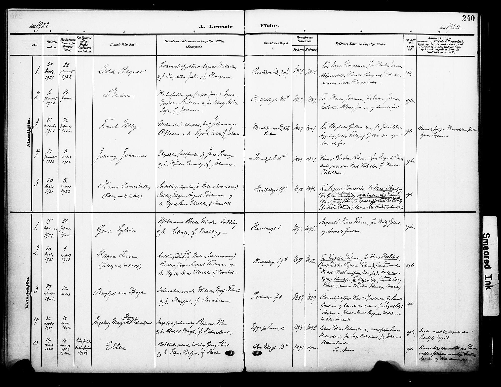 Johannes prestekontor Kirkebøker, AV/SAO-A-10852/F/Fa/L0009: Parish register (official) no. 9, 1905-1929, p. 240