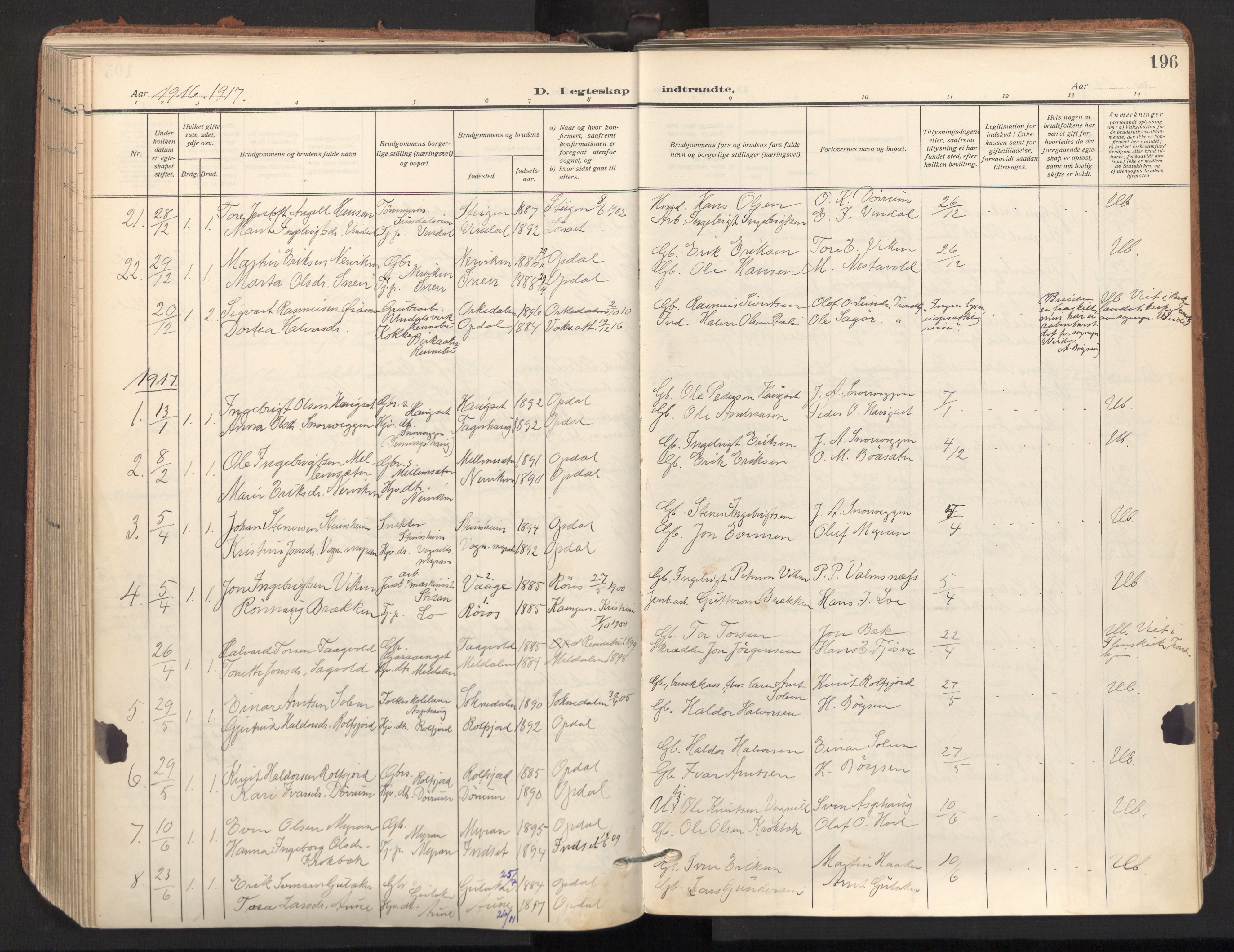 Ministerialprotokoller, klokkerbøker og fødselsregistre - Sør-Trøndelag, SAT/A-1456/678/L0909: Parish register (official) no. 678A17, 1912-1930, p. 196