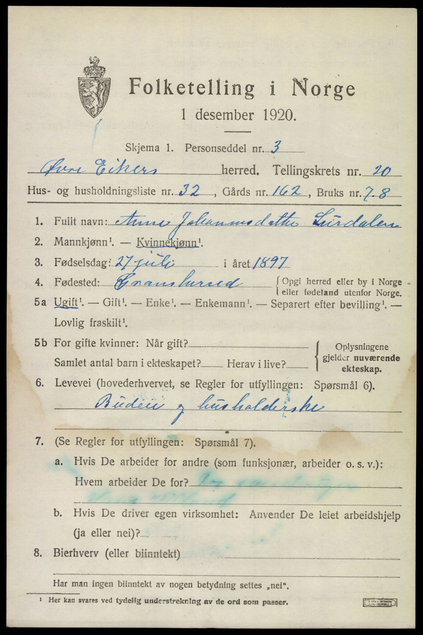 SAKO, 1920 census for Øvre Eiker, 1920, p. 22628