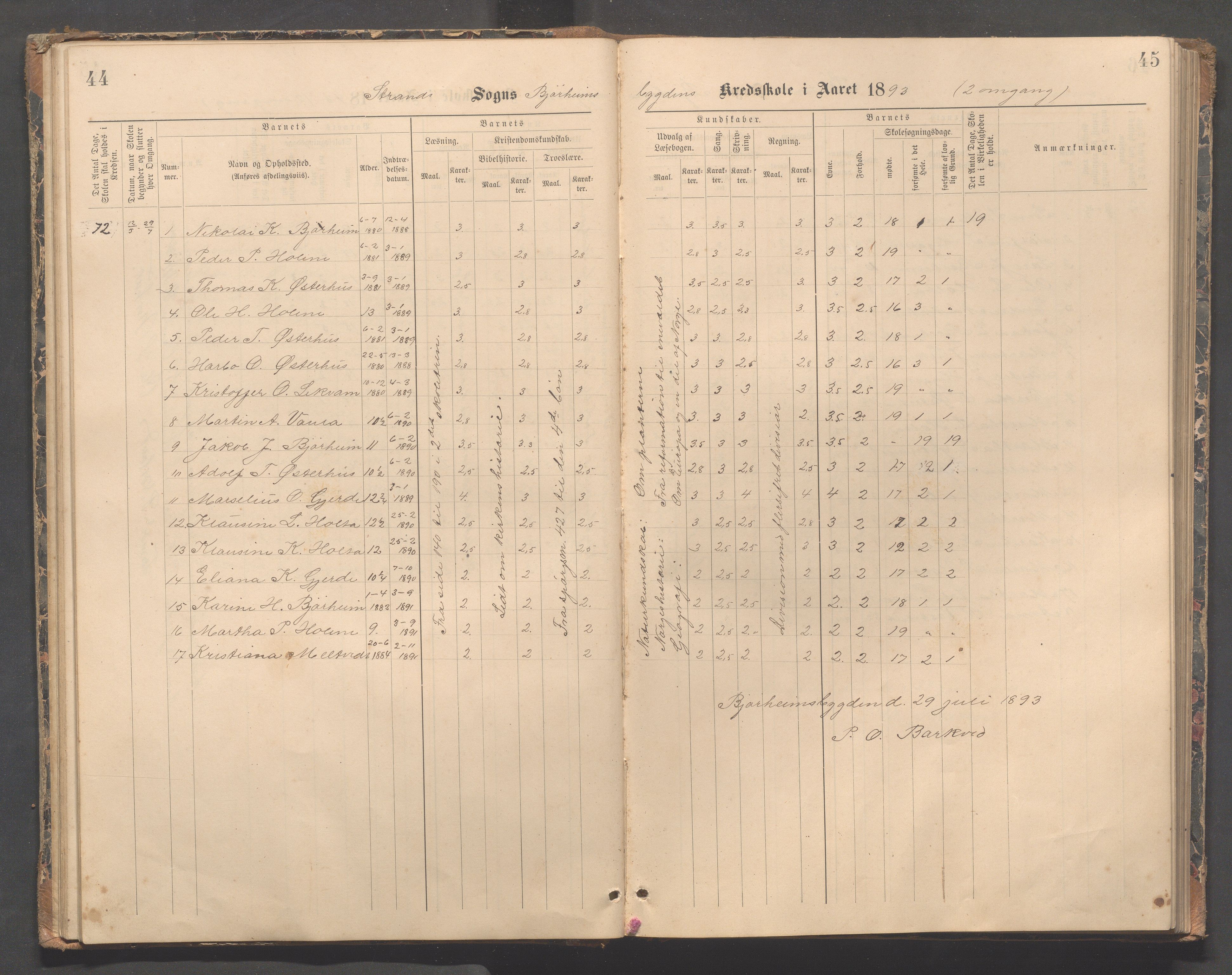 Strand kommune - Bjørheimsbygd skole, IKAR/A-147/H/L0002: Skoleprotokoll for Bjørheimsbygd og Lekvam krets, 1891-1907, p. 44-45