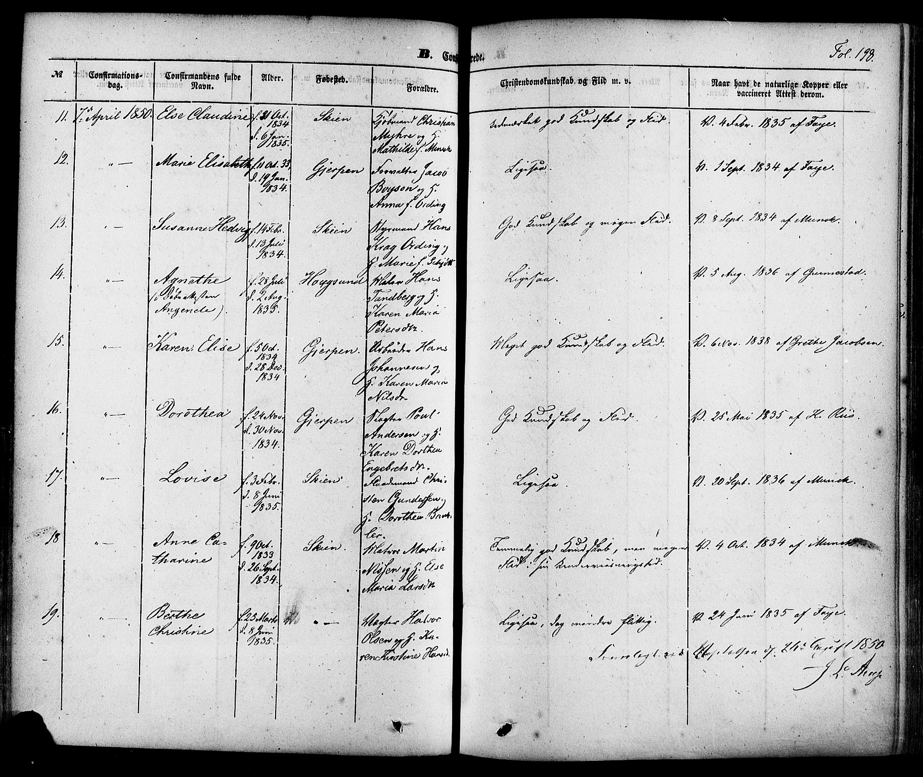 Skien kirkebøker, SAKO/A-302/F/Fa/L0006a: Parish register (official) no. 6A, 1843-1856, p. 198