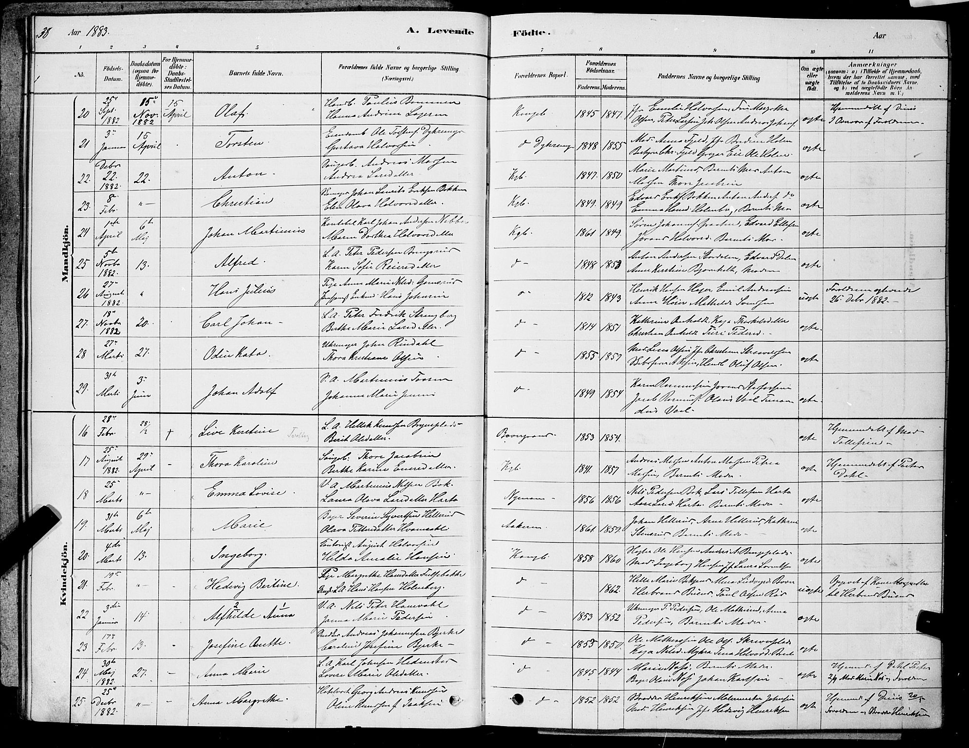 Kongsberg kirkebøker, AV/SAKO-A-22/G/Ga/L0005: Parish register (copy) no. 5, 1878-1889, p. 38