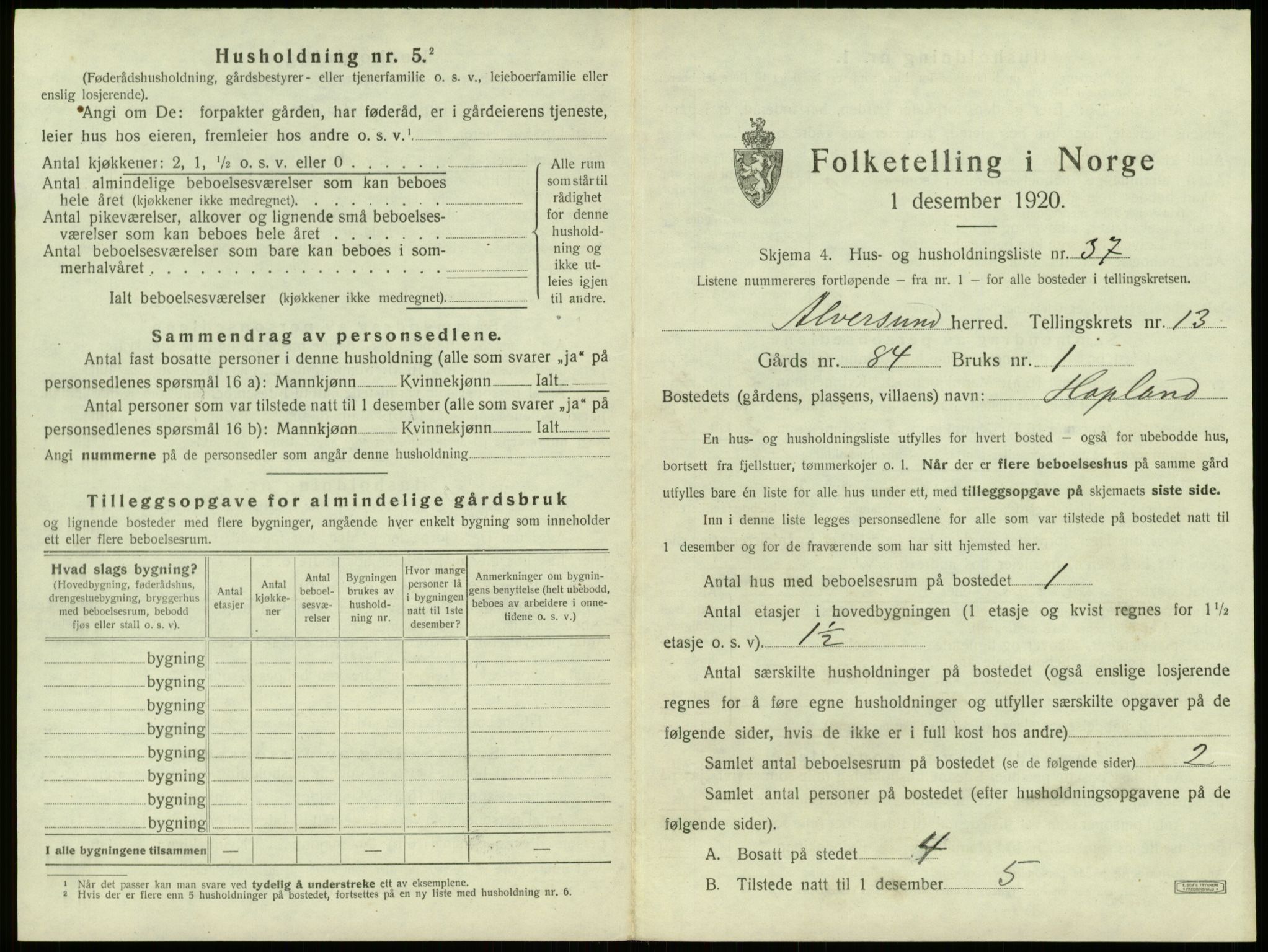 SAB, 1920 census for Alversund, 1920, p. 1020