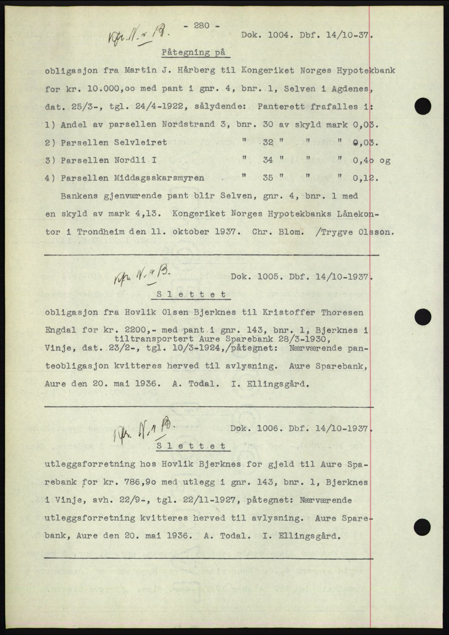 Hitra sorenskriveri, AV/SAT-A-0018/2/2C/2Ca: Mortgage book no. C1, 1936-1945, Diary no: : 1004/1937