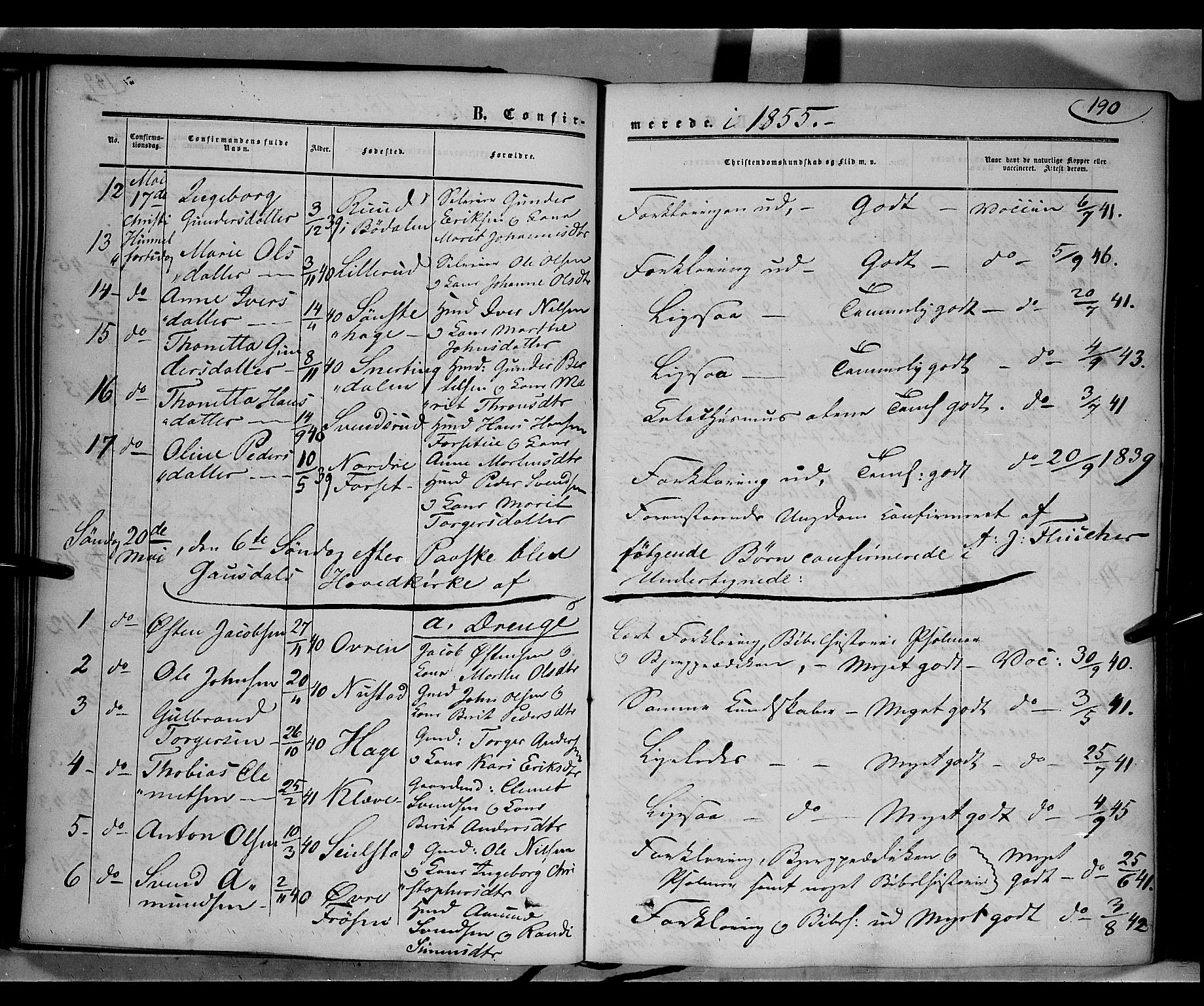 Gausdal prestekontor, AV/SAH-PREST-090/H/Ha/Haa/L0008: Parish register (official) no. 8, 1850-1861, p. 190