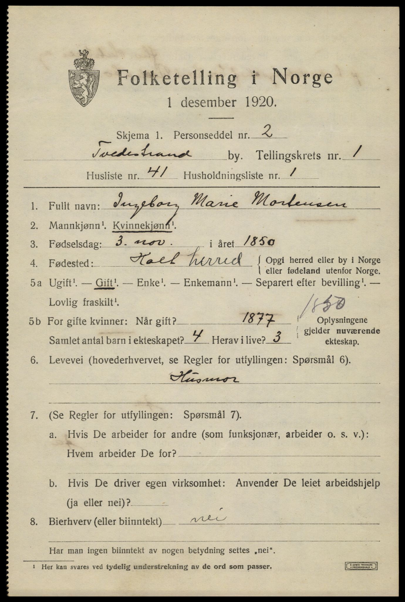 SAK, 1920 census for Tvedestrand, 1920, p. 1733