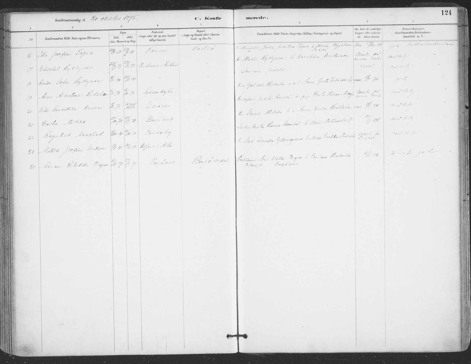 Vadsø sokneprestkontor, SATØ/S-1325/H/Ha/L0006kirke: Parish register (official) no. 6, 1885-1895, p. 124
