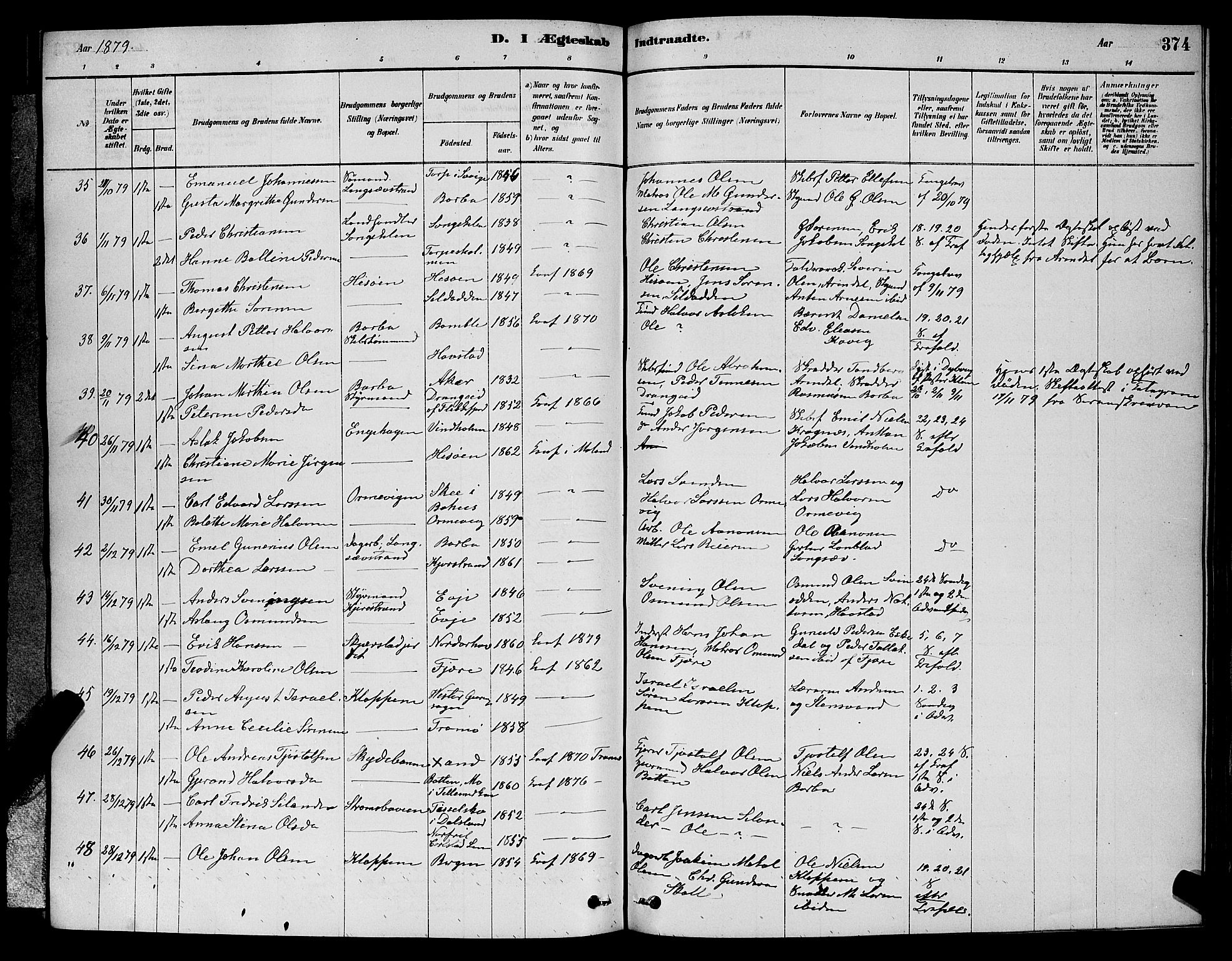 Barbu sokneprestkontor, AV/SAK-1111-0003/F/Fb/L0001: Parish register (copy) no. B 1, 1878-1890, p. 374