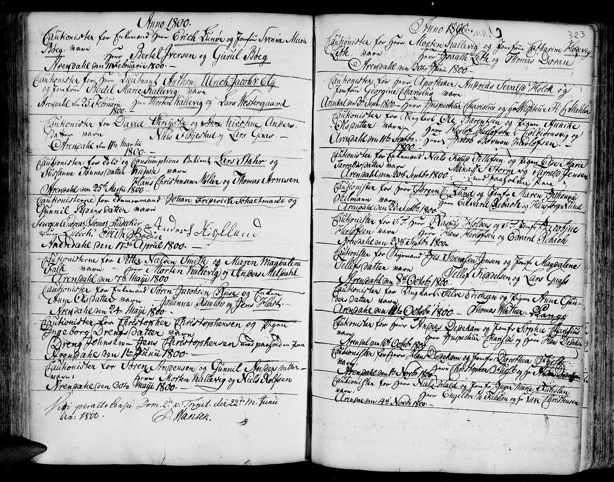 Arendal sokneprestkontor, Trefoldighet, SAK/1111-0040/F/Fa/L0001: Parish register (official) no. A 1, 1703-1815, p. 323