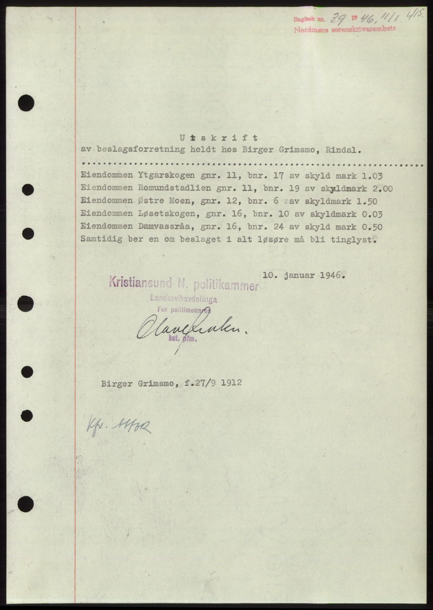 Nordmøre sorenskriveri, AV/SAT-A-4132/1/2/2Ca: Mortgage book no. B93b, 1946-1946, Diary no: : 39/1946