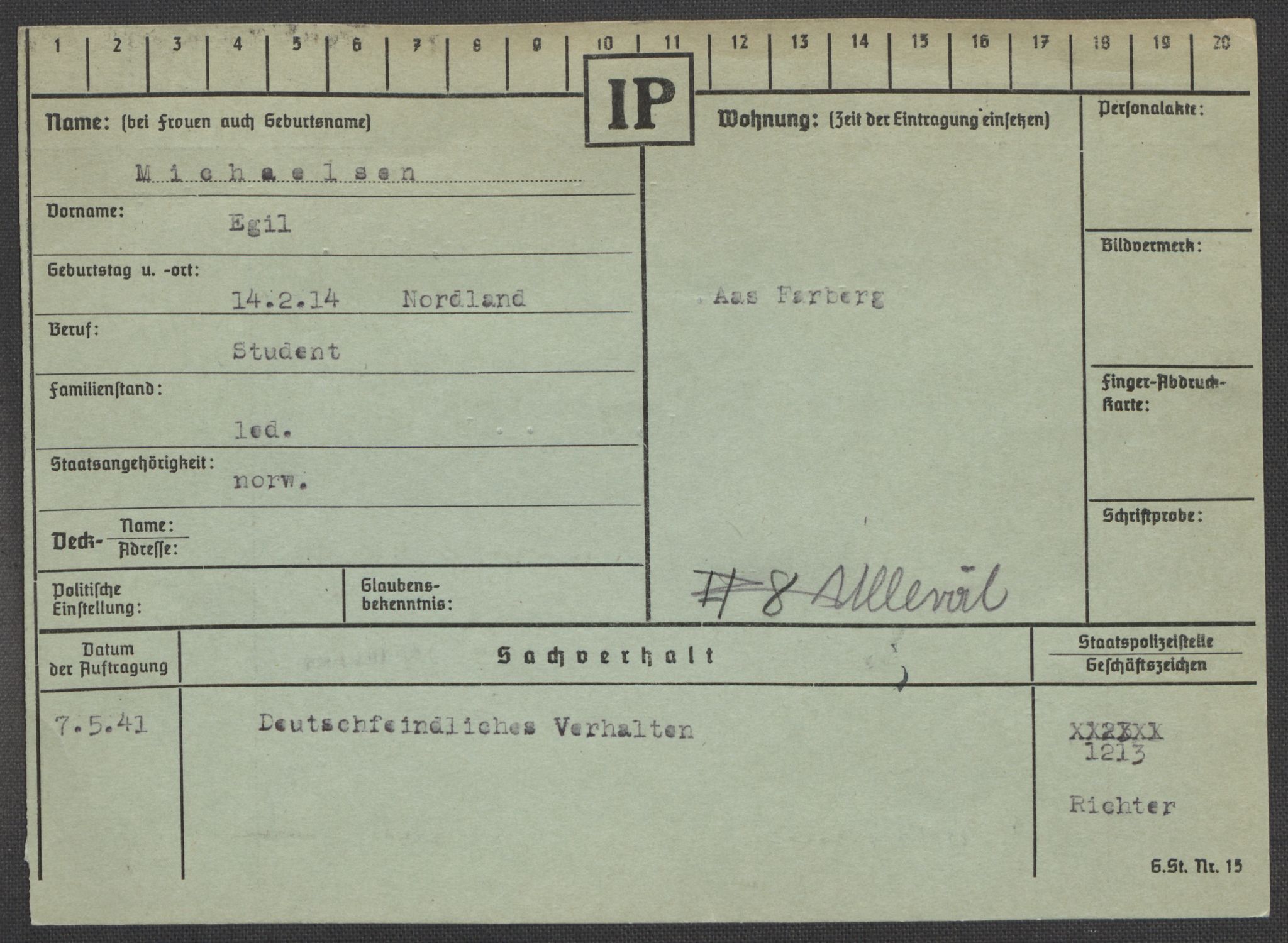 Befehlshaber der Sicherheitspolizei und des SD, RA/RAFA-5969/E/Ea/Eaa/L0007: Register over norske fanger i Møllergata 19: Lundb-N, 1940-1945, p. 578