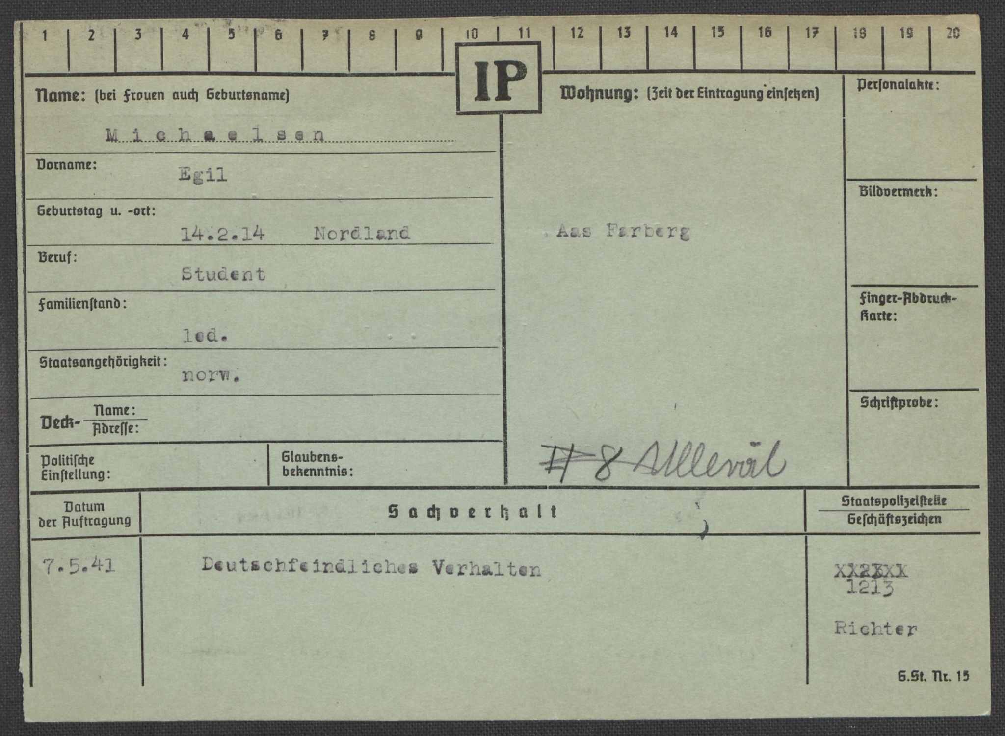 Befehlshaber der Sicherheitspolizei und des SD, AV/RA-RAFA-5969/E/Ea/Eaa/L0007: Register over norske fanger i Møllergata 19: Lundb-N, 1940-1945, p. 578