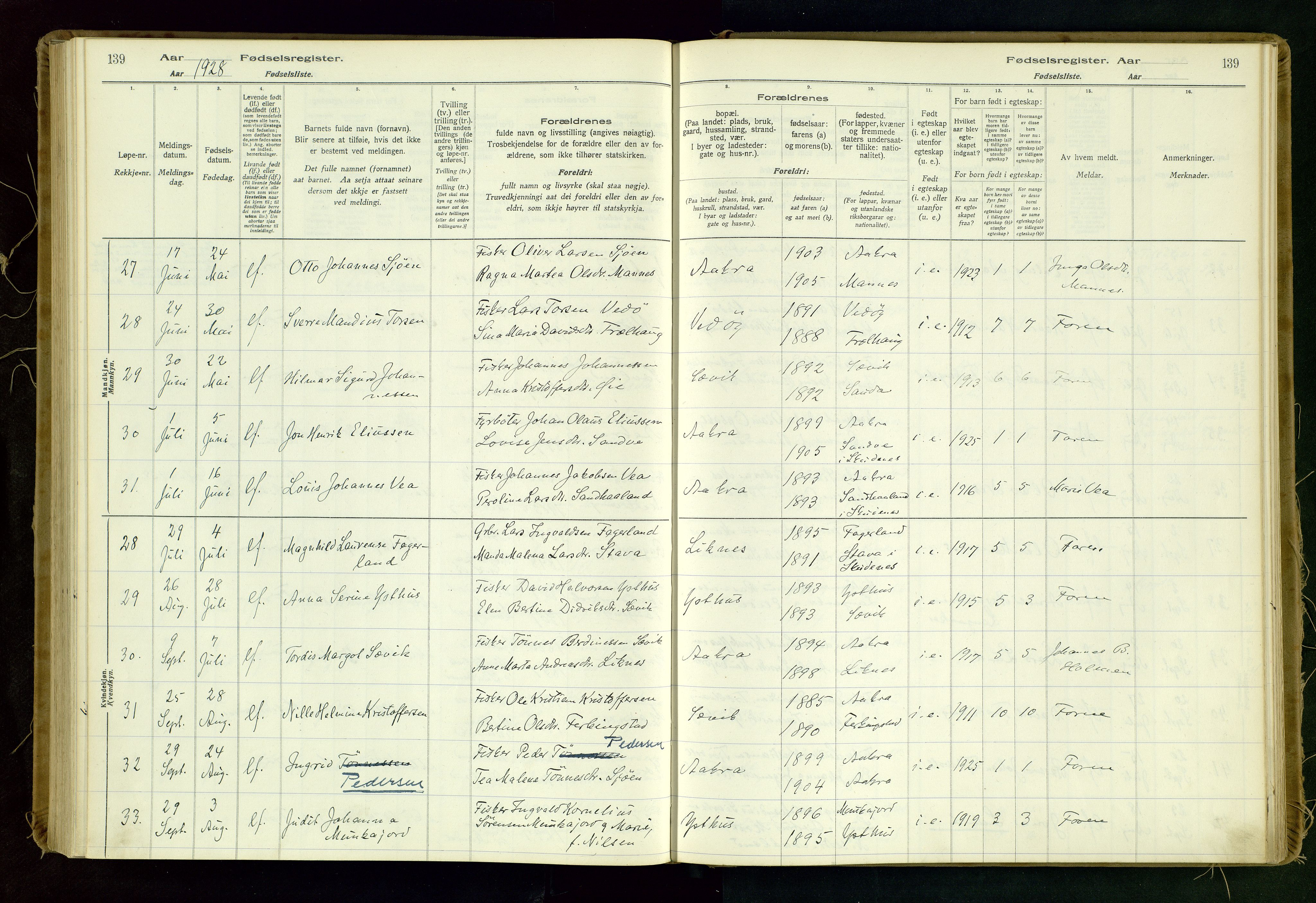 Kopervik sokneprestkontor, AV/SAST-A-101850/I/Id/L0006: Birth register no. 6, 1916-1934, p. 139