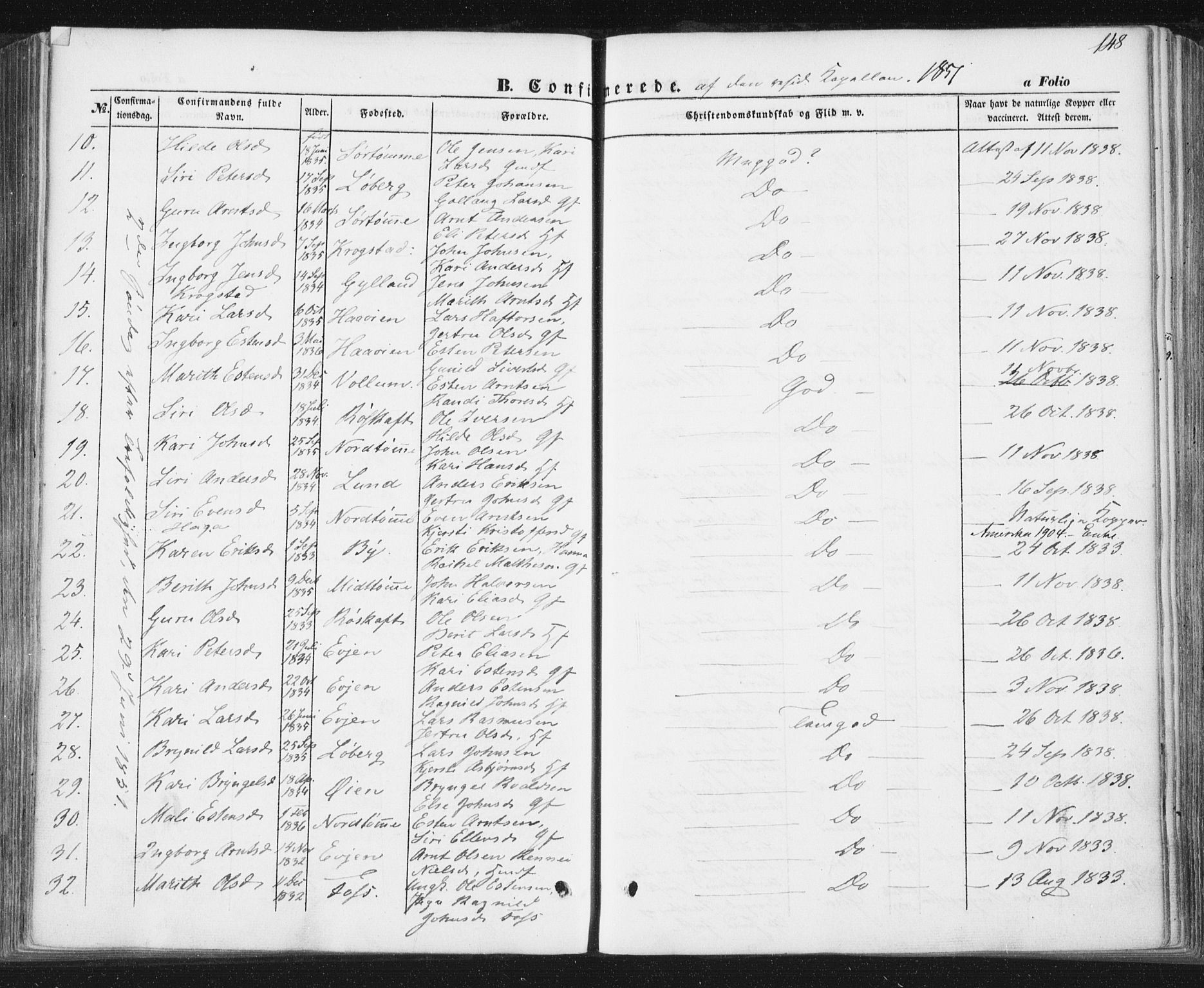 Ministerialprotokoller, klokkerbøker og fødselsregistre - Sør-Trøndelag, SAT/A-1456/692/L1103: Parish register (official) no. 692A03, 1849-1870, p. 148
