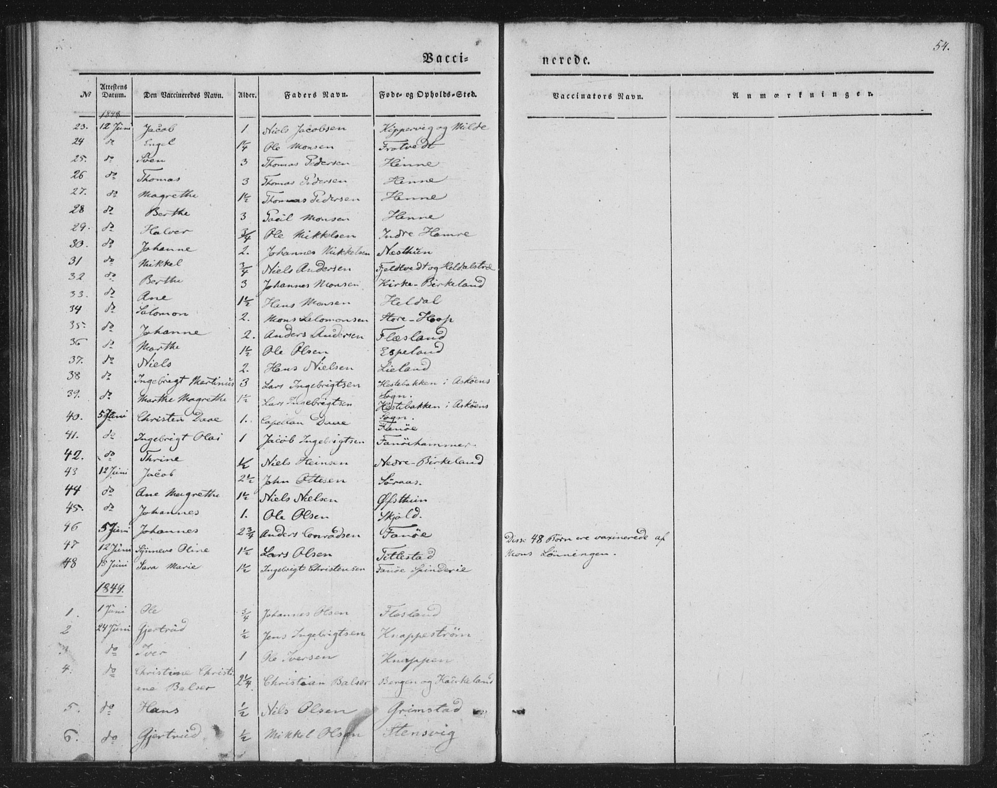 Fana Sokneprestembete, SAB/A-75101/H/Haa/Haaa/L0009: Parish register (official) no. A 9, 1849-1850, p. 54