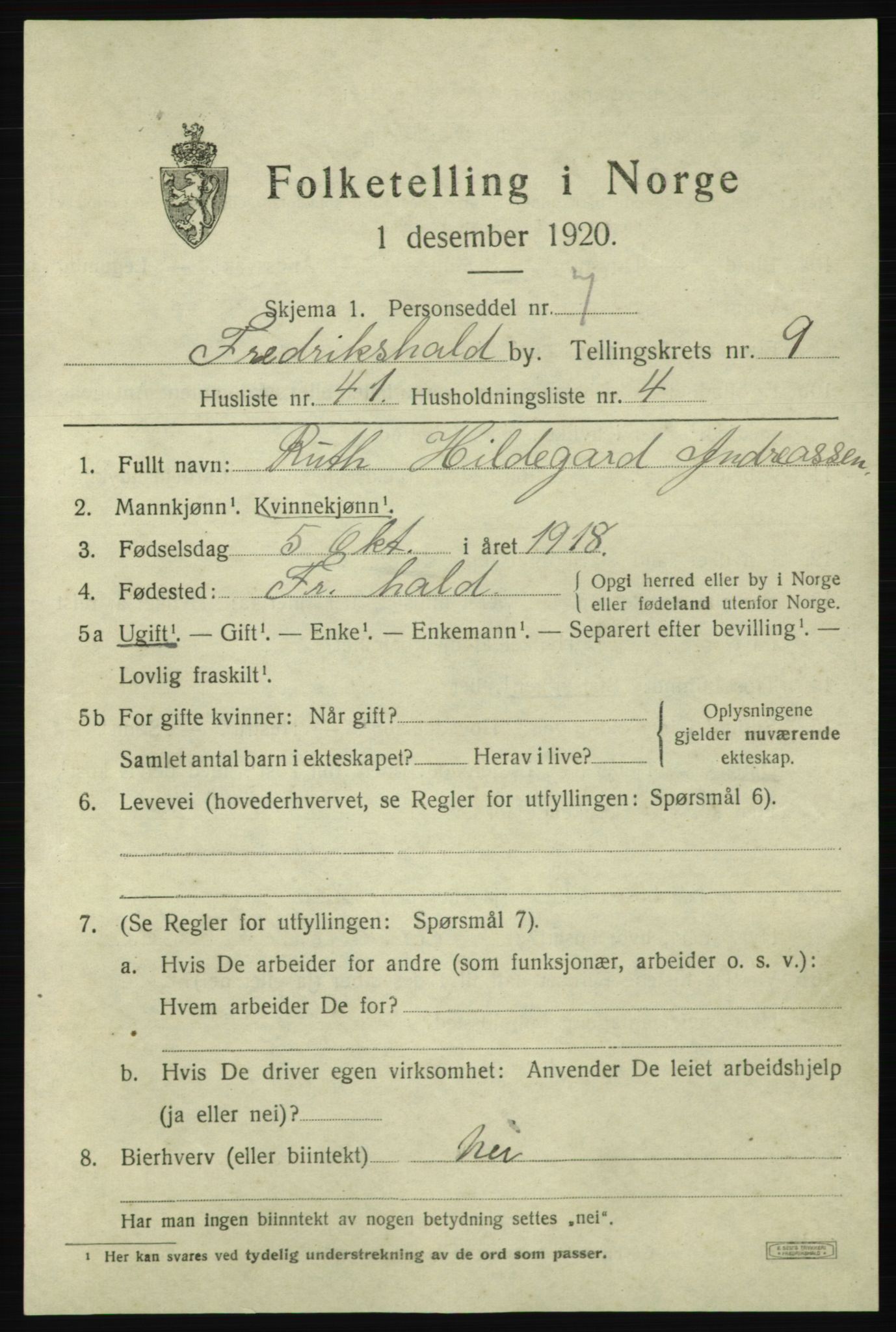 SAO, 1920 census for Fredrikshald, 1920, p. 16839